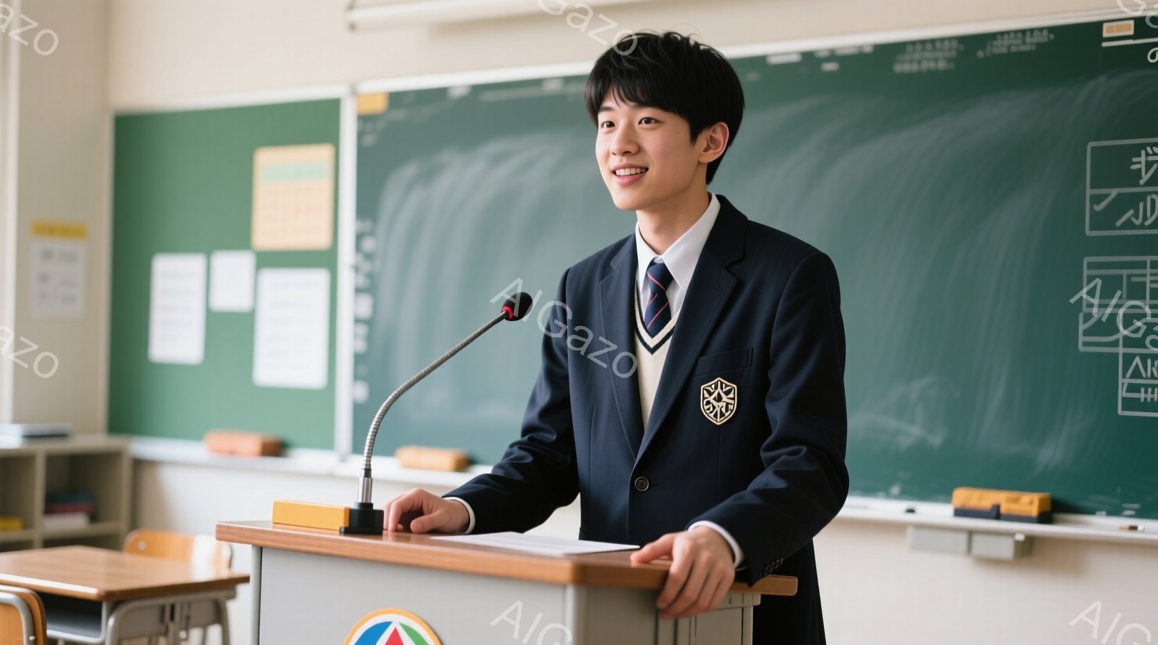 制服を着た若い男性が演壇の前で立っており、マイクに向かって話しているように見えます。彼は紺色のブレザーにネクタイ、白いシャツを着ており、黒髪を短く整えています。教室の黒板を背景に、真剣かつ自信に満ちた表情で演説をしている様子がうかがえます。