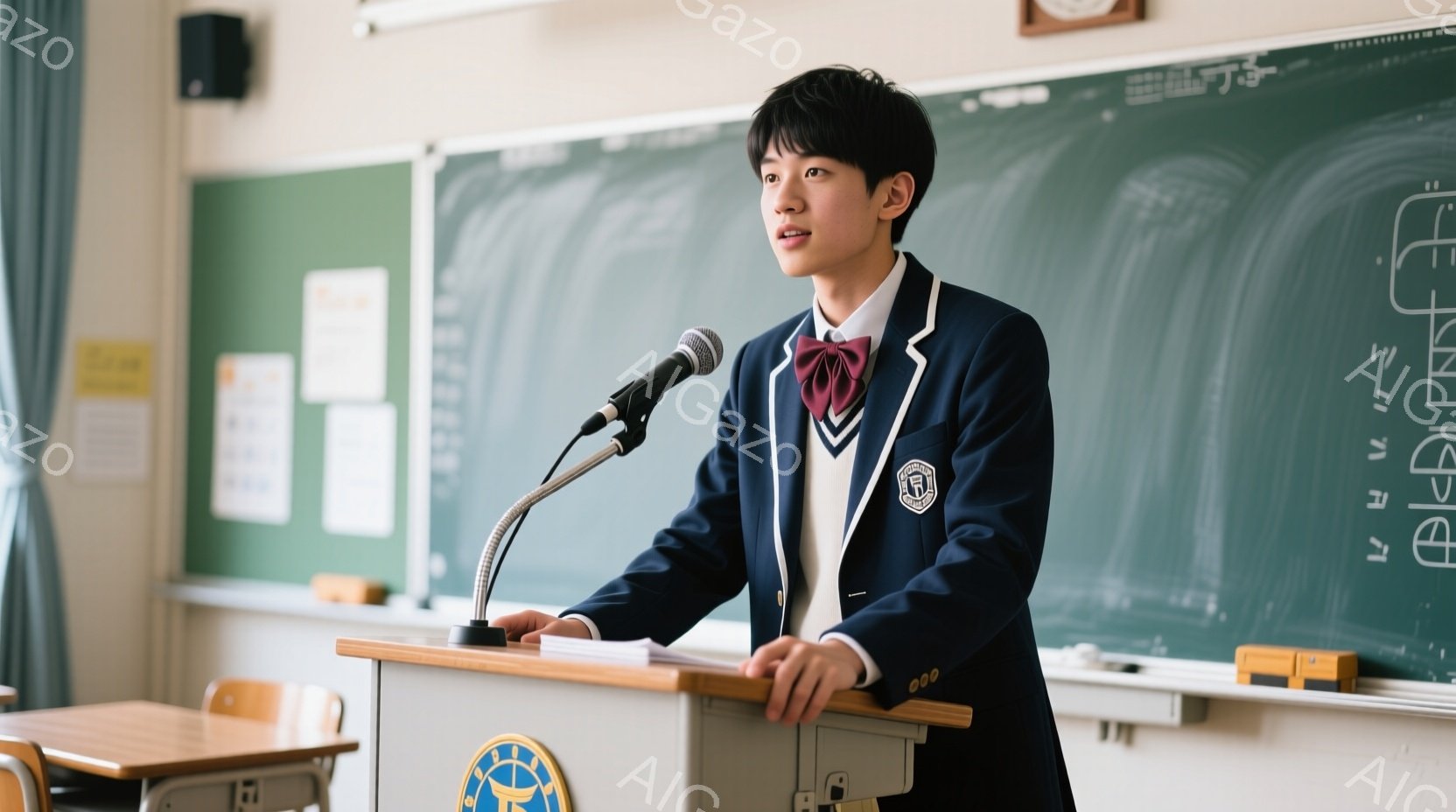 制服を着た少年が壇上に立って話しています。彼は紺色のブレザーにグレーのズボン、赤いネクタイとセーターを身に着け、黒髪を短く整えています。背景には黒板と教室の机が並び、真剣な表情でマイクに向かって何かを語っている様子が伺えます。