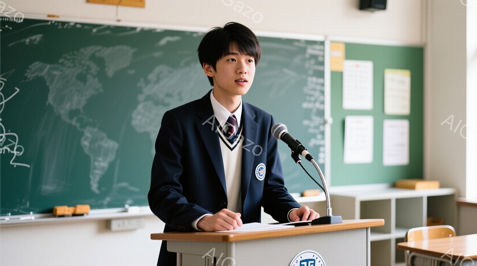 紺色のブレザーにネクタイ、白いセーターを着た少年が、演壇の前で話しています。彼の髪型は短く、整えられており、表情は真剣で落ち着いています。背景には世界地図が描かれた壁と、整然と並べられた机があり、教室のような空間で、公式なスピーチや発表をしている様子が伺えます。