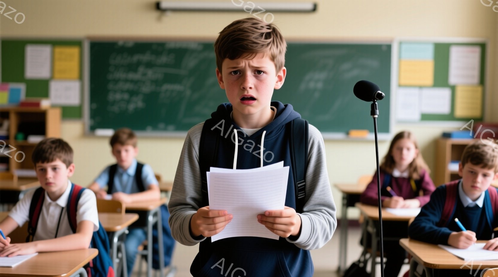 教室の前に立つ少年は、少し驚いた表情で何か紙を持っている。彼は紺色のパーカーとグレーのシャツを着ており、髪は短く整えられている。教室には他の生徒たちが座っており、机の上には筆記用具が見える。