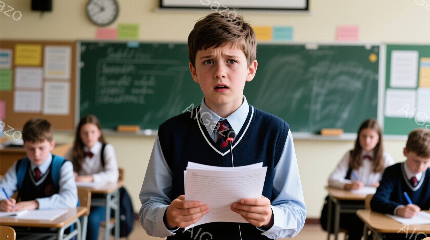 教室の前に立つ少年は、ネイビーのベスト、白と青のストライプのシャツ、赤いネクタイを着用しており、困惑した表情をしています。彼は両手に白い紙を持っており、少し緊張した様子で前を見つめています。背景には、机に座って勉強している他の生徒たちと、黒板が写っており、教室の穏やかな学習環境が伝わってきます。