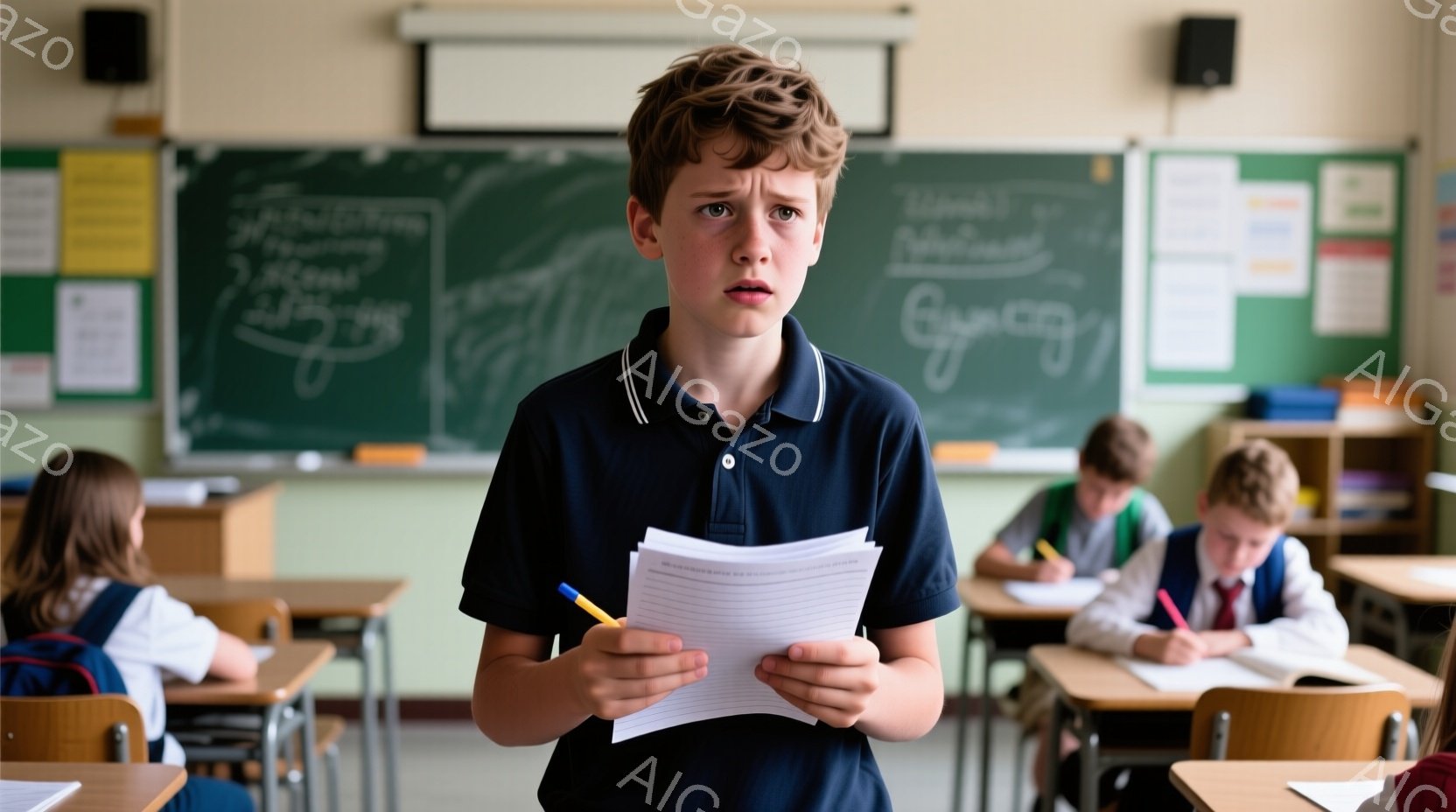 少年は紺色のポロシャツを着て、何枚かの紙を手に持っており、少し困ったような表情をしています。教室には他の生徒たちが机に向かって勉強しており、黒板には文字や図が書かれています。 全体的に、学校の授業風景を捉えた、少し緊張感のある雰囲気です。