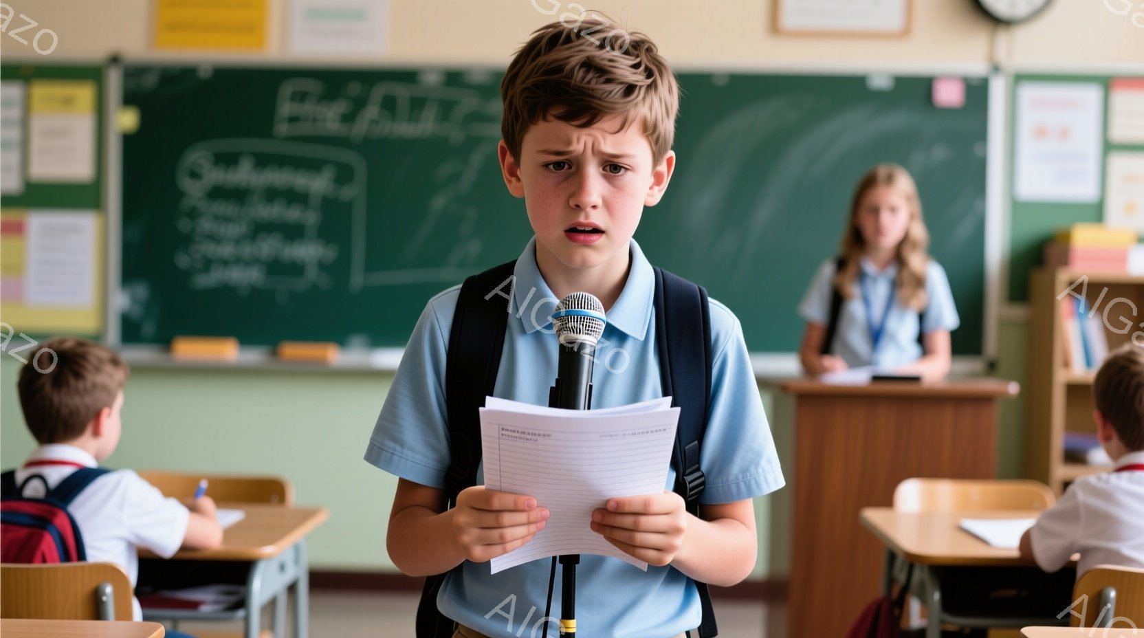 男の子が教室でマイクを手に立っており、やや緊張した表情で何かを読み上げているようだ。彼は水色のシャツにネクタイ、ズボンを着用し、茶色の髪は短く整えられている。背景には他の生徒たちが机に向かって座っており、黒板には文字が書かれている、学校の教室の様子が伺える。