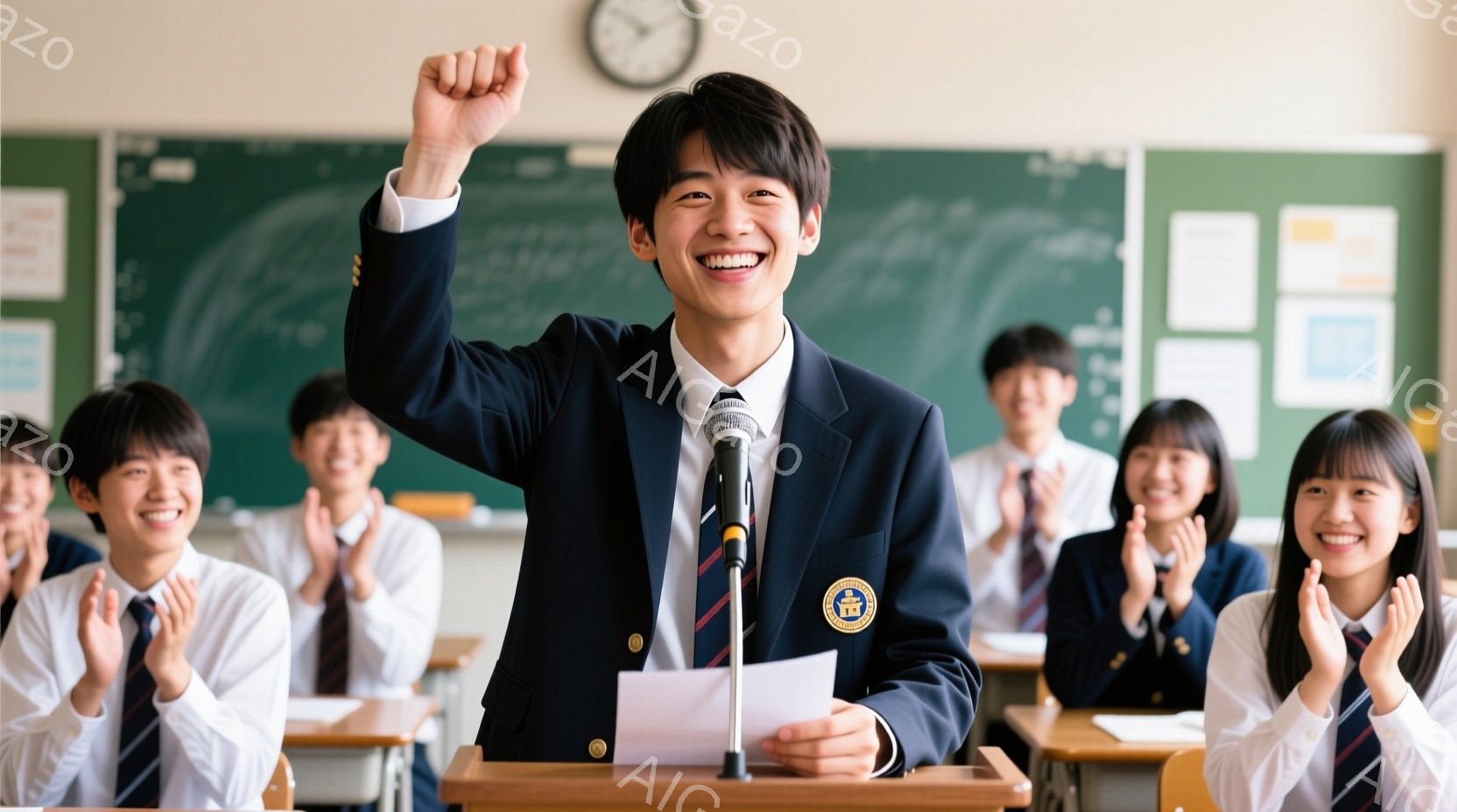 制服を着た男子生徒が壇上でマイクを手に演説しており、満面の笑みを浮かべて拳を高く突き上げています。背景には他の生徒たちが拍手をしており、教室の黒板と机が並んでいます。明るい光が差し込み、活気に満ちた、学校行事のような、前向きな雰囲気が漂っています。