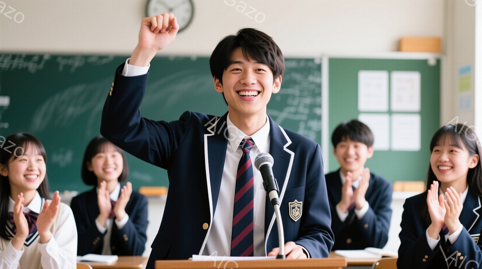 制服を着た男子生徒が演壇でマイクを手に、片手を高く上げて喜びを表現しています。周囲には、同じ制服を着た女子生徒たちが笑顔で拍手を送っており、教室全体が明るく華やかな雰囲気です。黒板や机が配置された教室は、学校行事や発表会が行われている場面を連想させます。