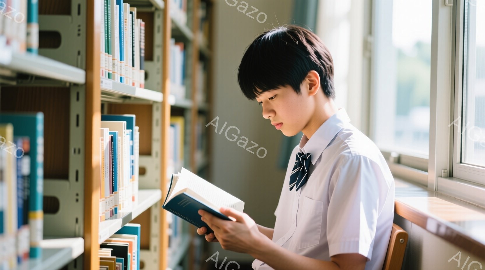 制服を着た男子学生が、図書館らしき場所で本を読んでいる。彼は黒髪で、姿勢よく椅子に座り、真剣な表情で本に集中している。背景には本棚が並び、窓から自然光が差し込み、静かで落ち着いた雰囲気を醸し出している。