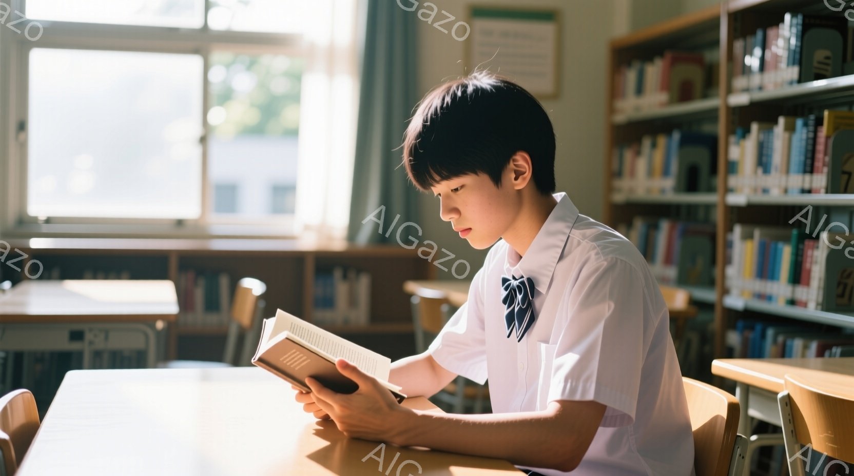 制服を着た少年が図書館で本を読んでいます。少年は短髪で、紺色のネクタイを締めており、集中した表情で本を見つめています。背景には本棚が並び、窓から光が差し込み、穏やかで学習的な雰囲気が漂っています。 - AI生成フリー素材