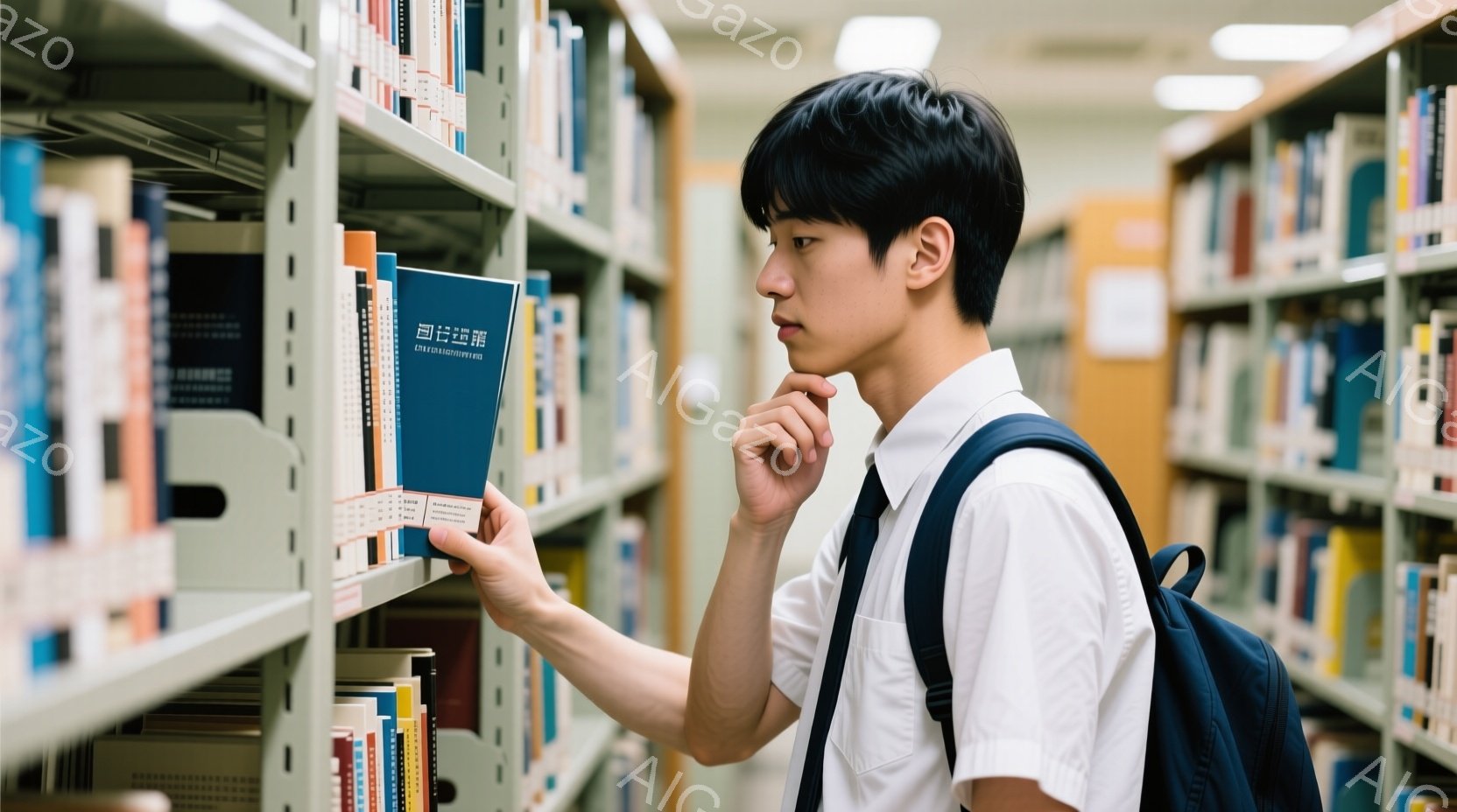 若い男性が図書館の本棚の前で本を探している様子が写っている。白いシャツに黒いリュックサックを背負い、黒髪を短く整えている。彼は集中した表情で、一冊の本を手に取り、そのタイトルを注意深く確認している。