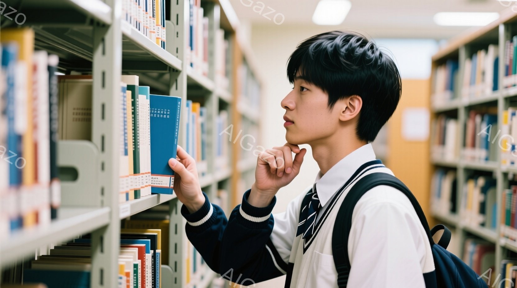 図書館の本棚の前で、制服を着た若い男性が本を探している様子が写っています。彼は黒髪で、片方の手に本を持ち、顎に手を当てて何か考え込んでいるような表情をしています。背景にはたくさんの本が並んだ本棚が続き、明るく静かな図書館の雰囲気が伝わってきます。