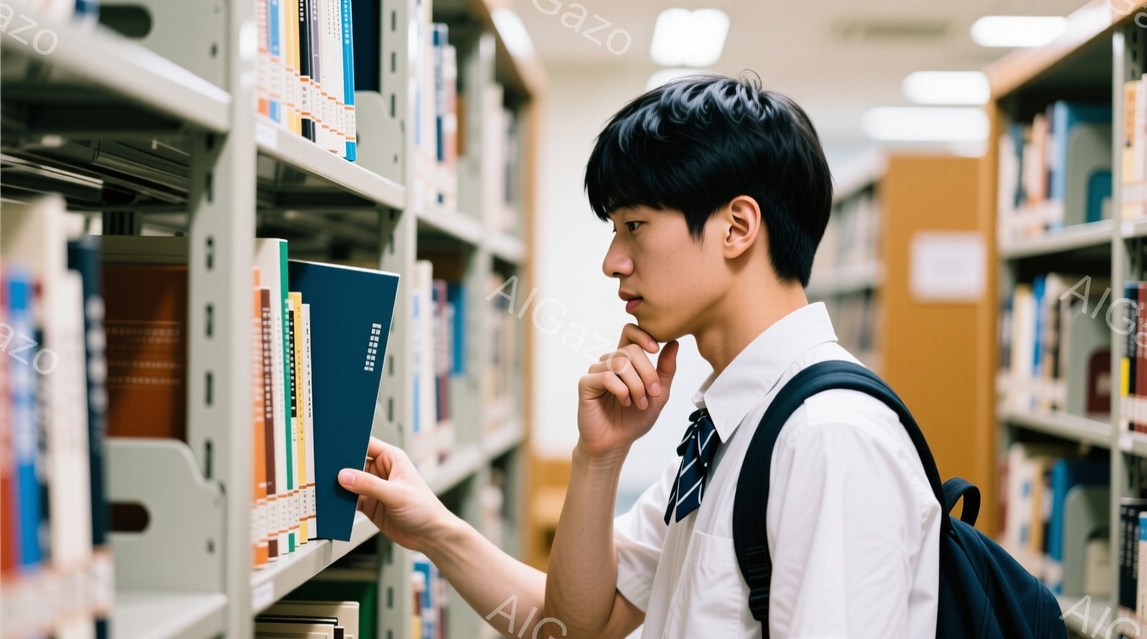 若い男性が図書館の本棚の前で本を選んでいる。彼は白いシャツにネクタイ、制服のような服装で、黒い髪を短く整えている。考え込んでいるような表情で、片手を顎に当て、もう一方の手で本棚から本を取り出そうとして - AI生成フリー素材