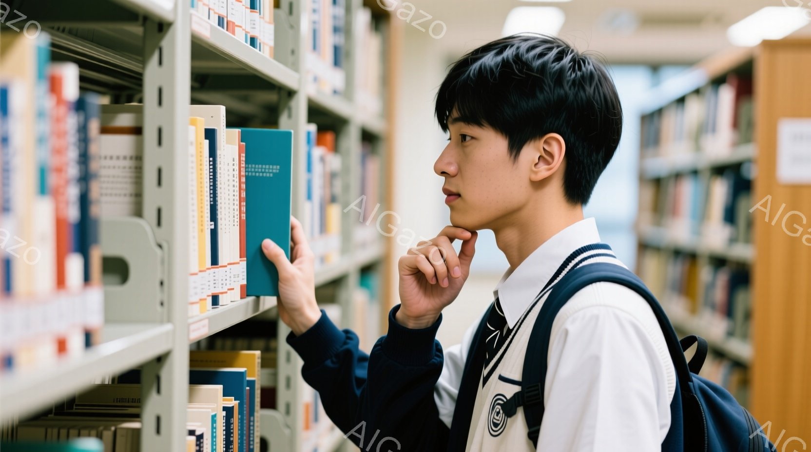 図書館の本棚の前で、制服を着た若い男性が本を探している。彼は濃い青色のブレザーに白いシャツ、ネクタイ姿で、黒髪を短く整え、少し考え込むような表情をしている。背景には整然と並んだ多くの本が積まれた本棚が - AI生成フリー素材