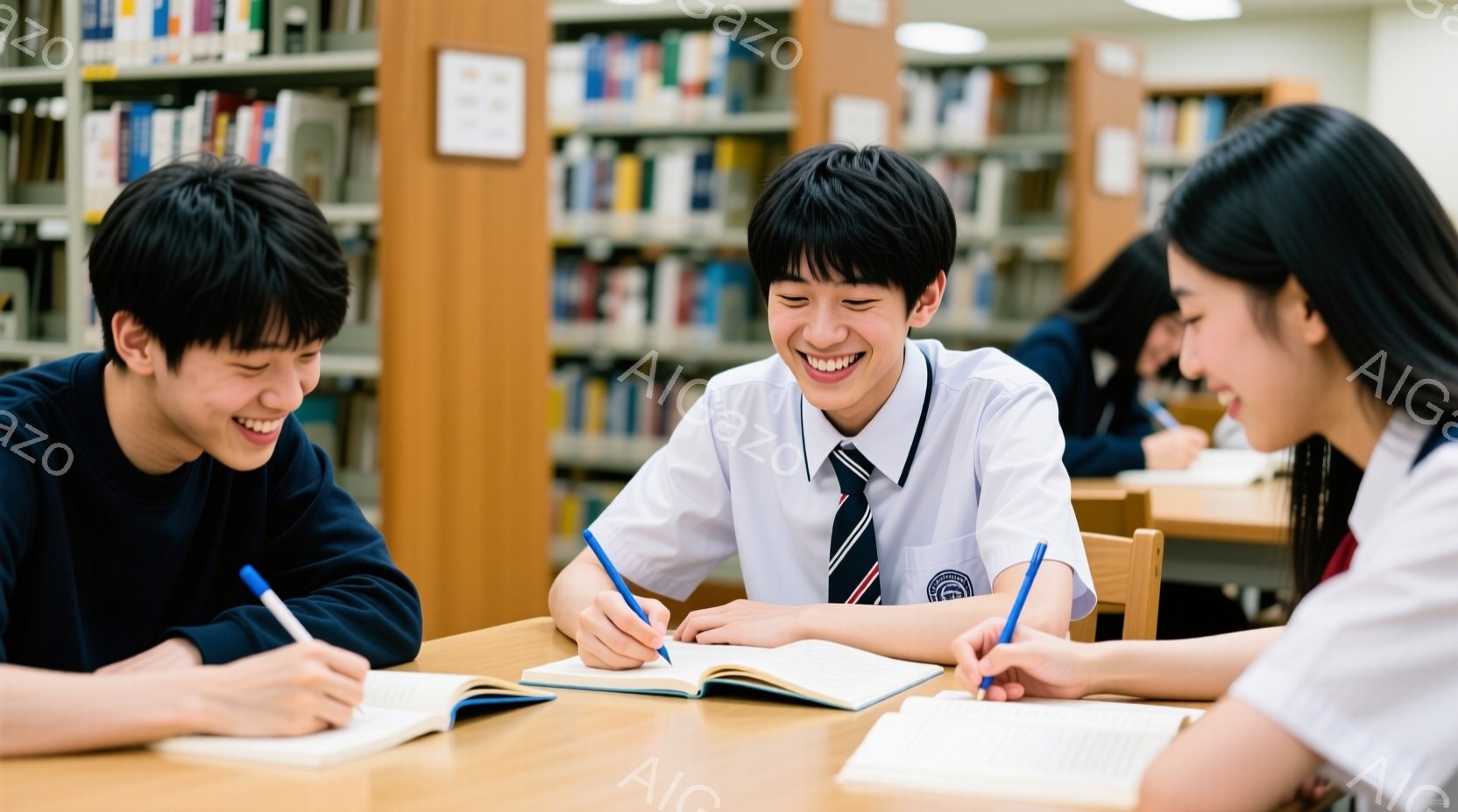 三人の学生が図書館のテーブルを囲んで勉強している様子が写っている。制服を着ており、皆笑顔でノートにペンで書き込んでいる。背景には整然と並んだ本棚が確認でき、明るく開放的な雰囲気が漂っている。 - AI生成フリー素材