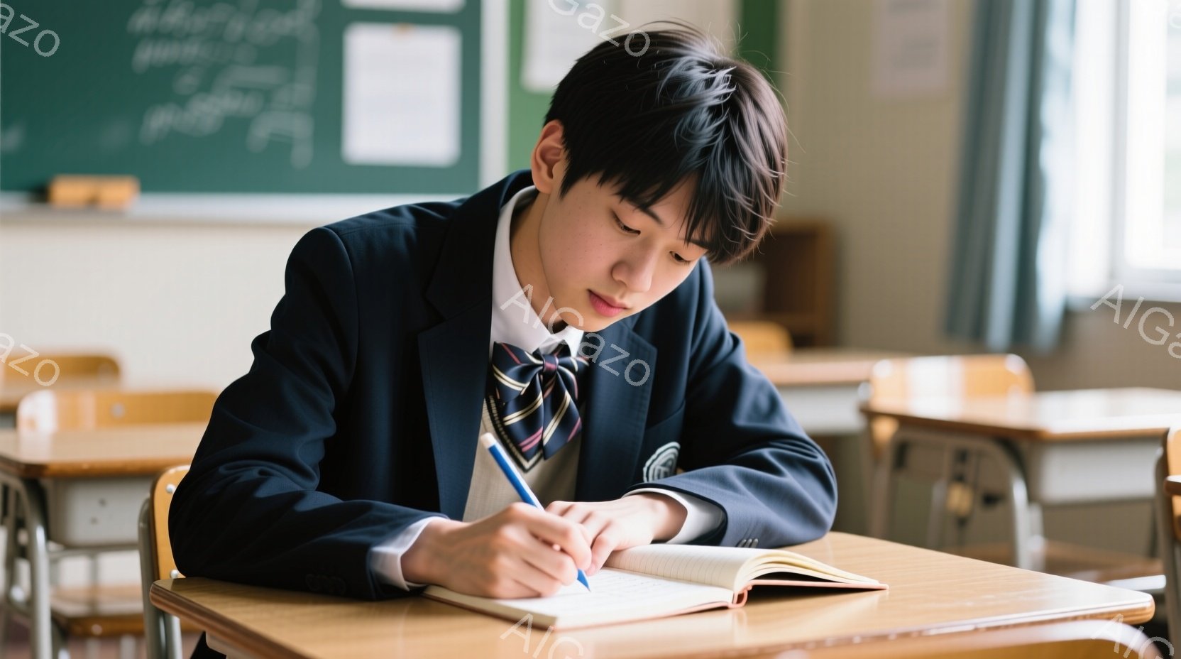 制服を着た男子学生が、教室で机に向かってノートにペンで書き込みをしている。彼は濃い色のブレザーにネクタイ、短髪で、集中した表情で前を見つめている。教室には木製の机が並び、黒板が背景に見え、学習に集中し - AI生成フリー素材