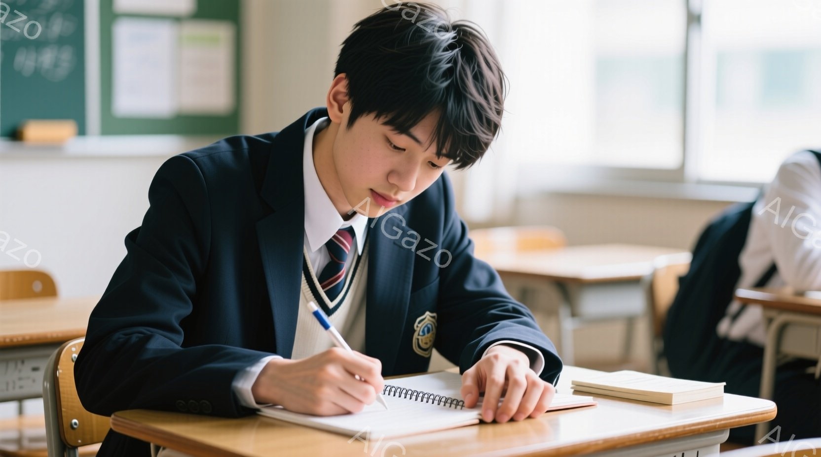 制服を着た男子学生が教室でノートにペンで書き込んでいる。彼は黒髪で、前髪が少し垂れ下がっている。教室には木製の机と椅子があり、窓から自然光が差し込んでいる。 - AI生成フリー素材