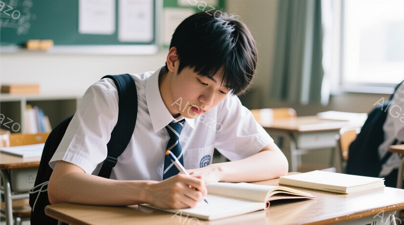 制服を着た男子学生が、机に向かってノートに何か書き込んでいる様子が写っている。彼は短髪で、集中した表情をしており、姿勢も真剣だ。背景には他の机や黒板が見え、教室の様子であることがわかる。 - AI生成フリー素材