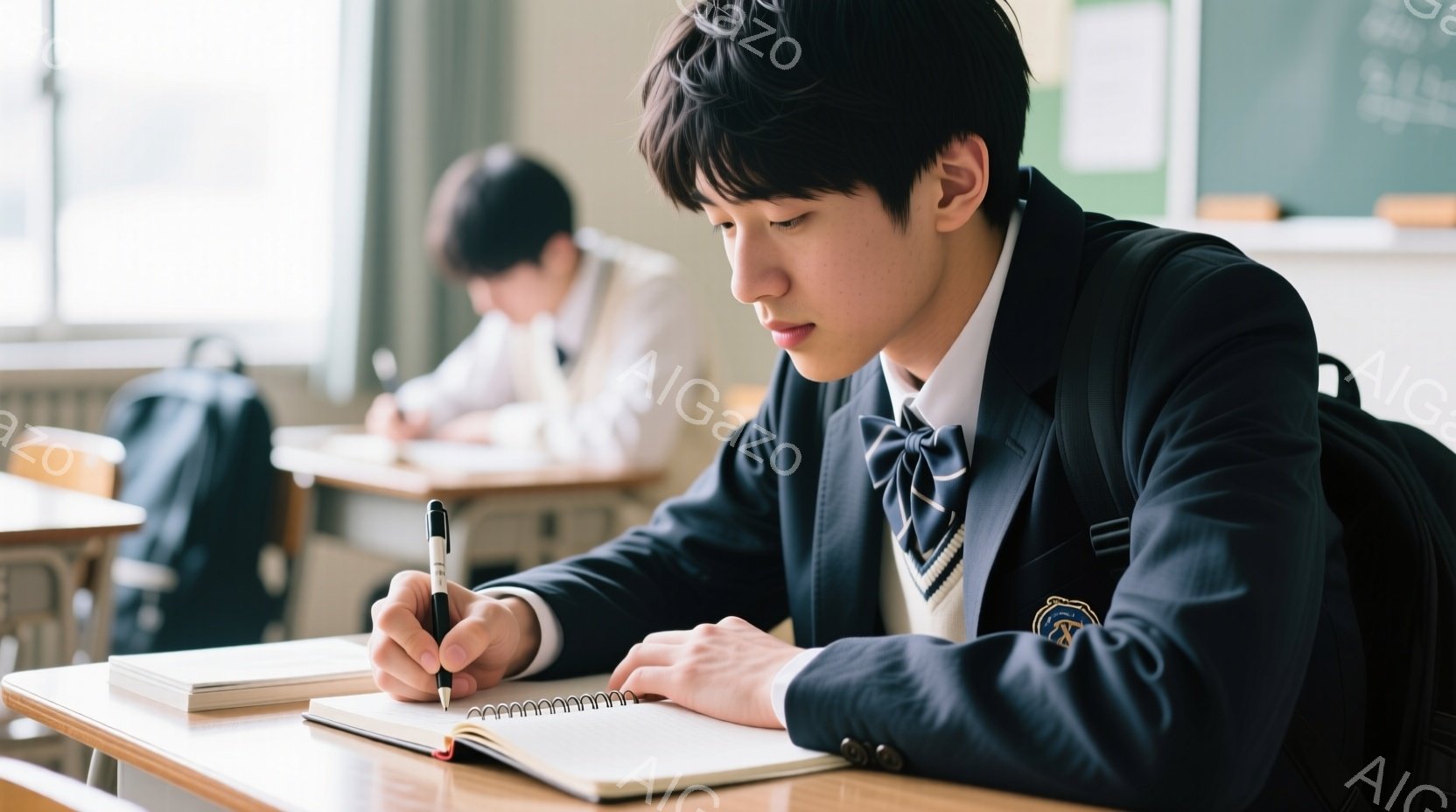 制服を着た男子学生が教室でノートにペンで書き込んでいる。彼は黒髪で、前髪が少し目にかかっており、集中した表情で前を見ている。教室には木製の机と椅子があり、奥にはぼんやりと別の学生が見え、学習に集中した - AI生成フリー素材