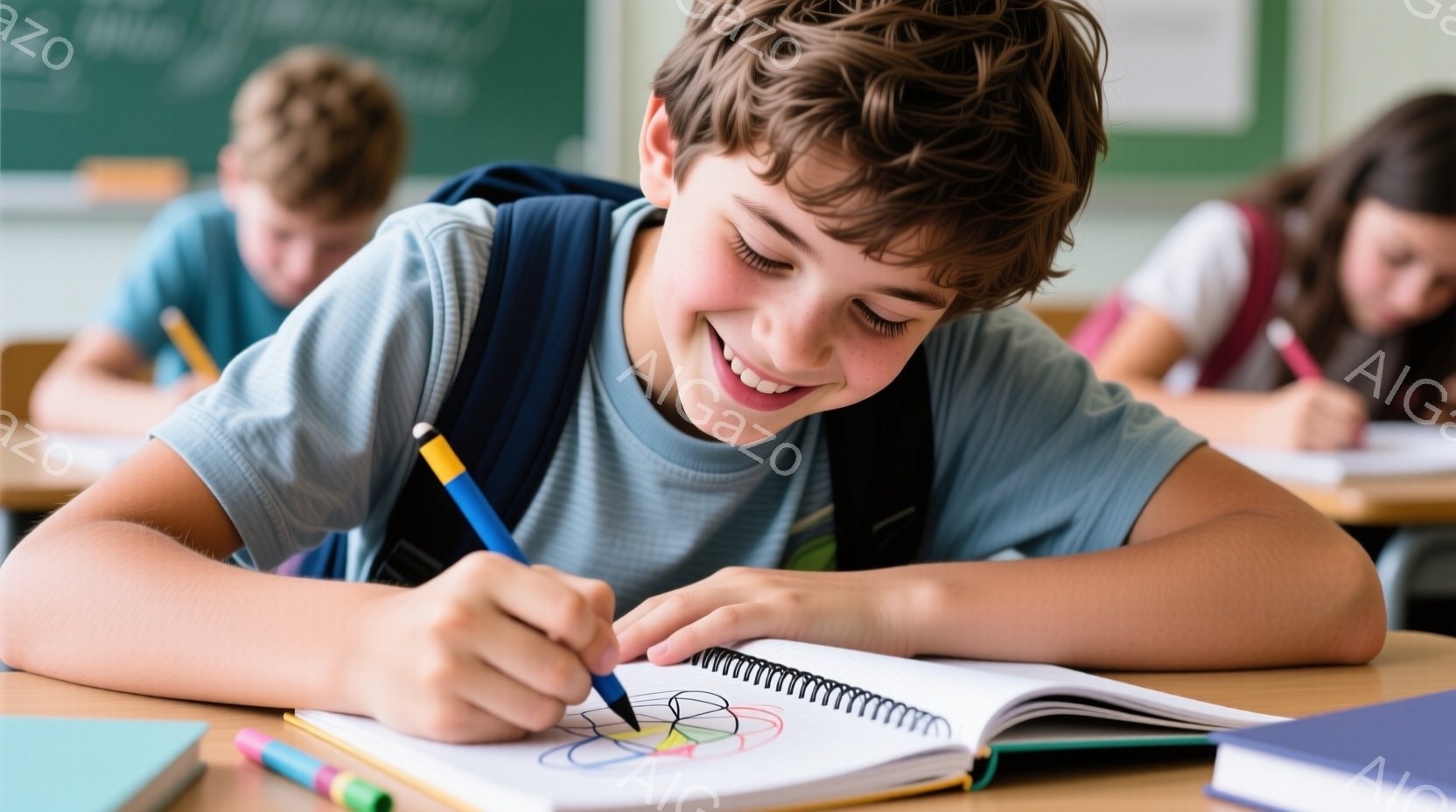 金髪の少年が青いTシャツを着て、机に向かって何かを描いています。彼は笑顔で、集中してカラフルな円を描く作業に取り組んでいます。背景には他の生徒たちが座っており、教室の雰囲気が伝わってきます。