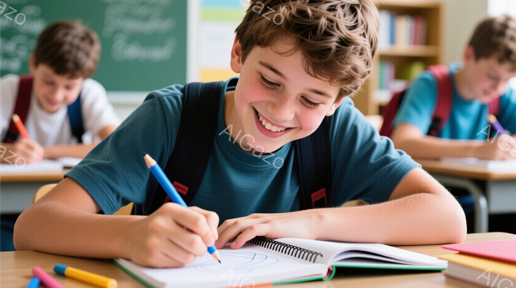 青いTシャツを着た少年が、集中してノートに絵を描いている。彼は明るい笑顔で、茶色の髪は少し無造作に整えられている。教室の背景には他の生徒や黒板が見え、学習に励む活気ある雰囲気が伝わってくる。 - AI生成フリー素材