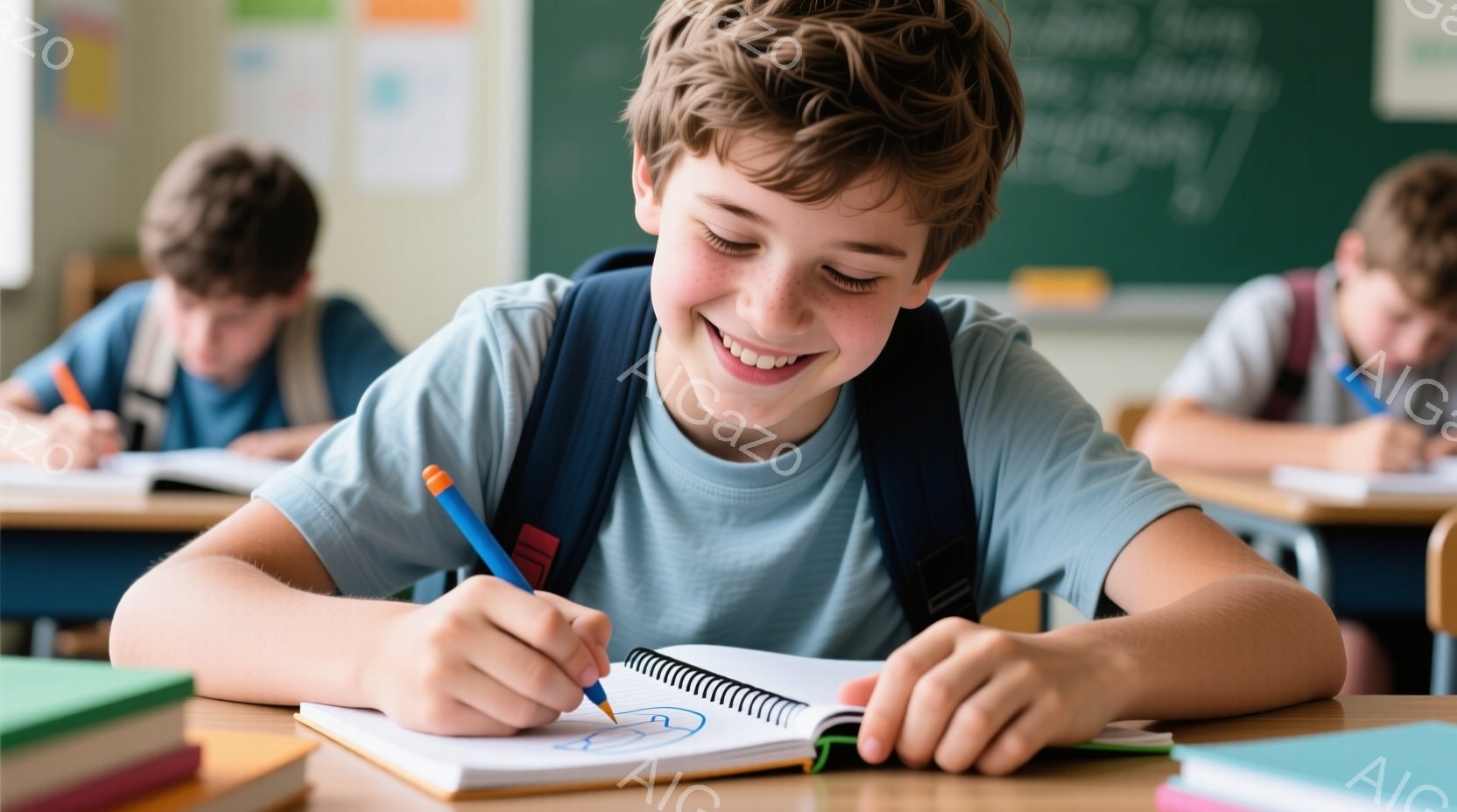 少年は青いTシャツを着て、机に向かって何かを描いています。彼は明るく微笑んでおり、集中して描画に取り組んでいる様子がわかります。教室の背景には他の生徒たちが見え、机の上には本や筆記用具が置かれています。