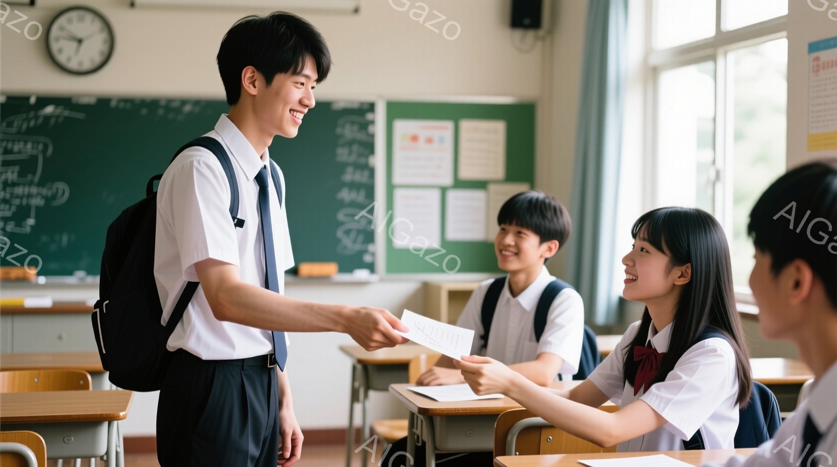 教室の中で、男子生徒が女子生徒に書類を渡している場面だ。制服姿で、笑顔を浮かべながら互いに向き合っており、明るい雰囲気が漂っている。背景には他の生徒たちが座っており、黒板には何らかのメモが書かれている - AI生成フリー素材