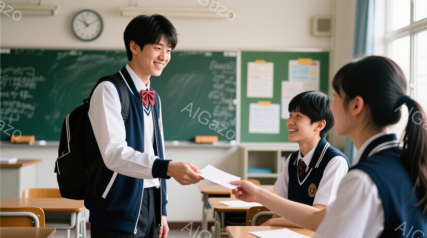 教室で、制服を着た男子生徒が女子生徒に何かを渡しています。男子生徒は黒髪で、笑顔で少し緊張した表情をしています。背景には黒板や机があり、明るく活気のある学校の雰囲気が感じられます。