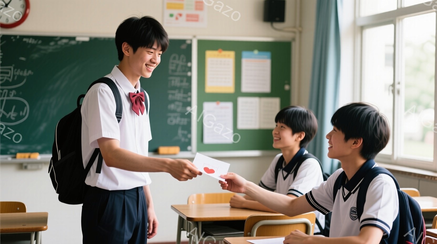 教室の中で、制服を着た男子生徒が、座っている女子生徒に赤い手紙を渡そうとしています。男子生徒は黒髪で、微笑んでおり、女子生徒も嬉しそうにしています。教室には机や椅子が並び、壁には掲示物があり、明るく活 - AI生成フリー素材