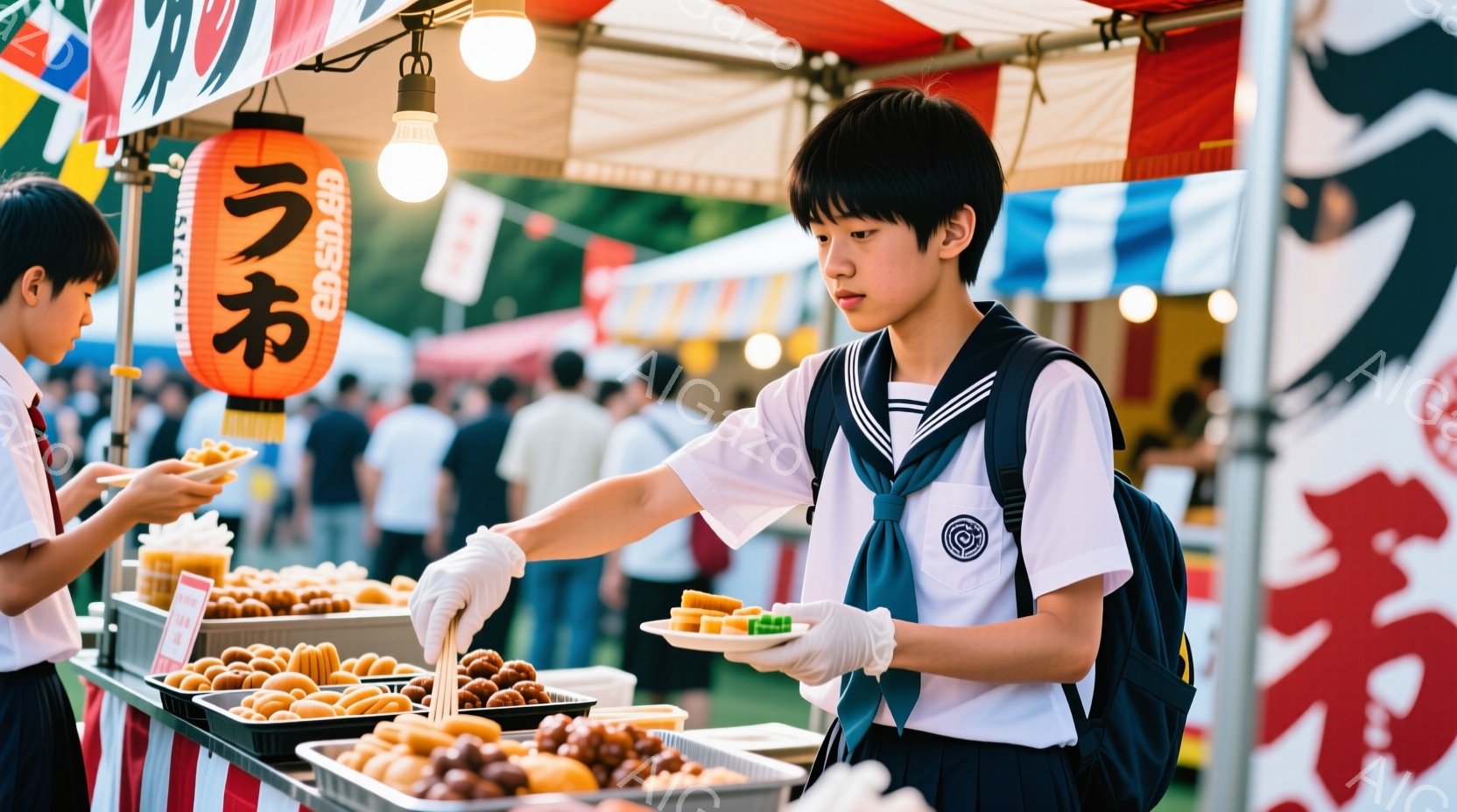 制服を着た男子学生が、屋台で串に刺された食べ物を手に取ろうとしている場面です。彼は白い手袋を着用し、真剣な表情で食べ物を選んでいます。背景には多くの人で賑わうお祭り会場と、提灯や屋台の装飾が見え、活気のある夏の光景が広がっています。