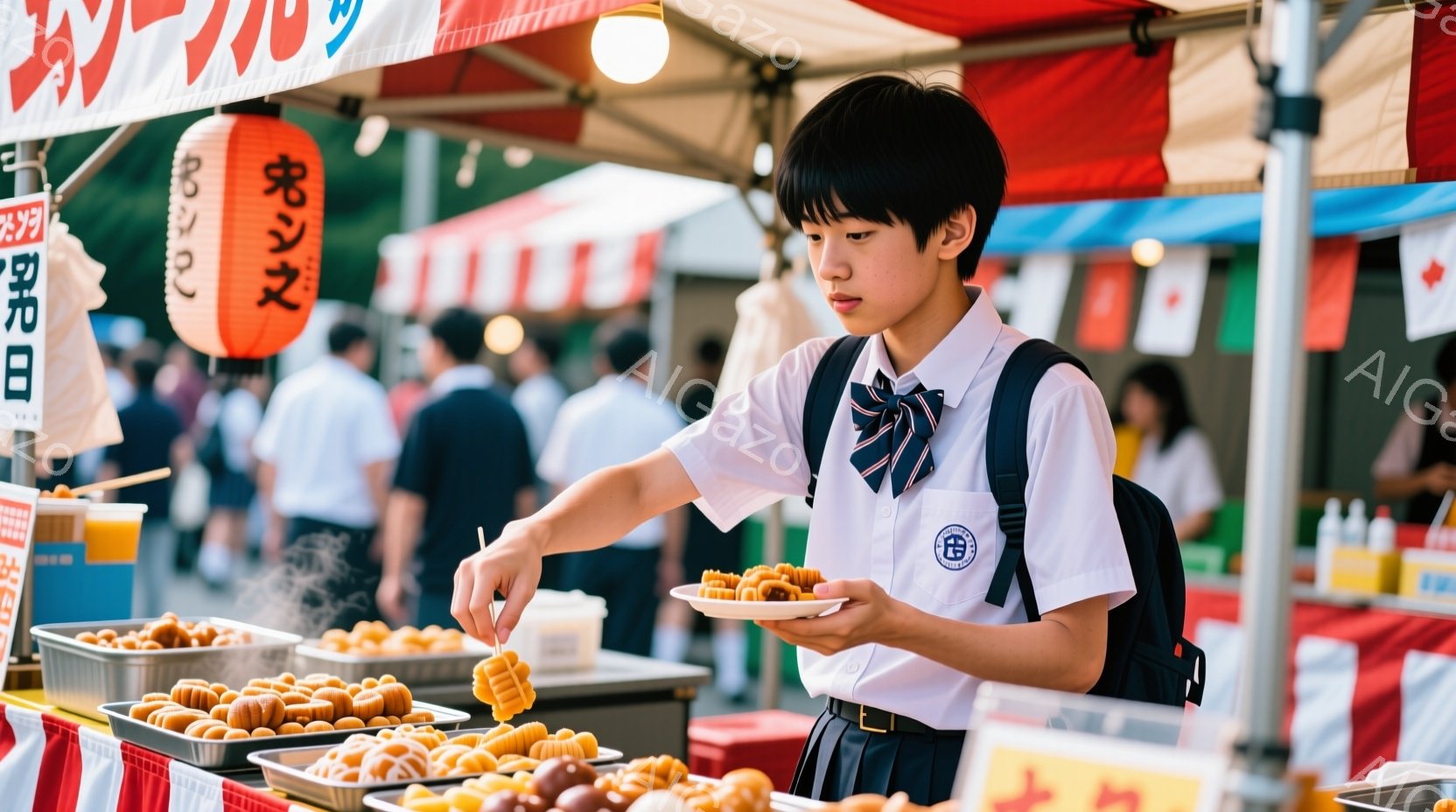 制服姿の少年が、屋台でたこ焼きを選んでいる様子が写っている。彼は紺色のブレザーに白いシャツ、チェックのネクタイを着用し、黒いリュックサックを背負っている。背景には、多くの人で賑わうお祭り会場の屋台が並び、晴天の下、活気あふれる夏の光景が広がっている。