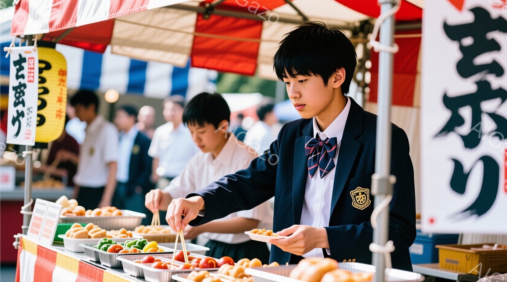 制服を着た男子学生が、屋台で串に刺さった食べ物を手作業で選んでいる様子が写っている。彼は黒髪で、やや真剣な表情をしており、赤いネクタイとセーターが目を引く。背景には他の人々や屋台が並び、賑やかなお祭りの雰囲気が感じられる。