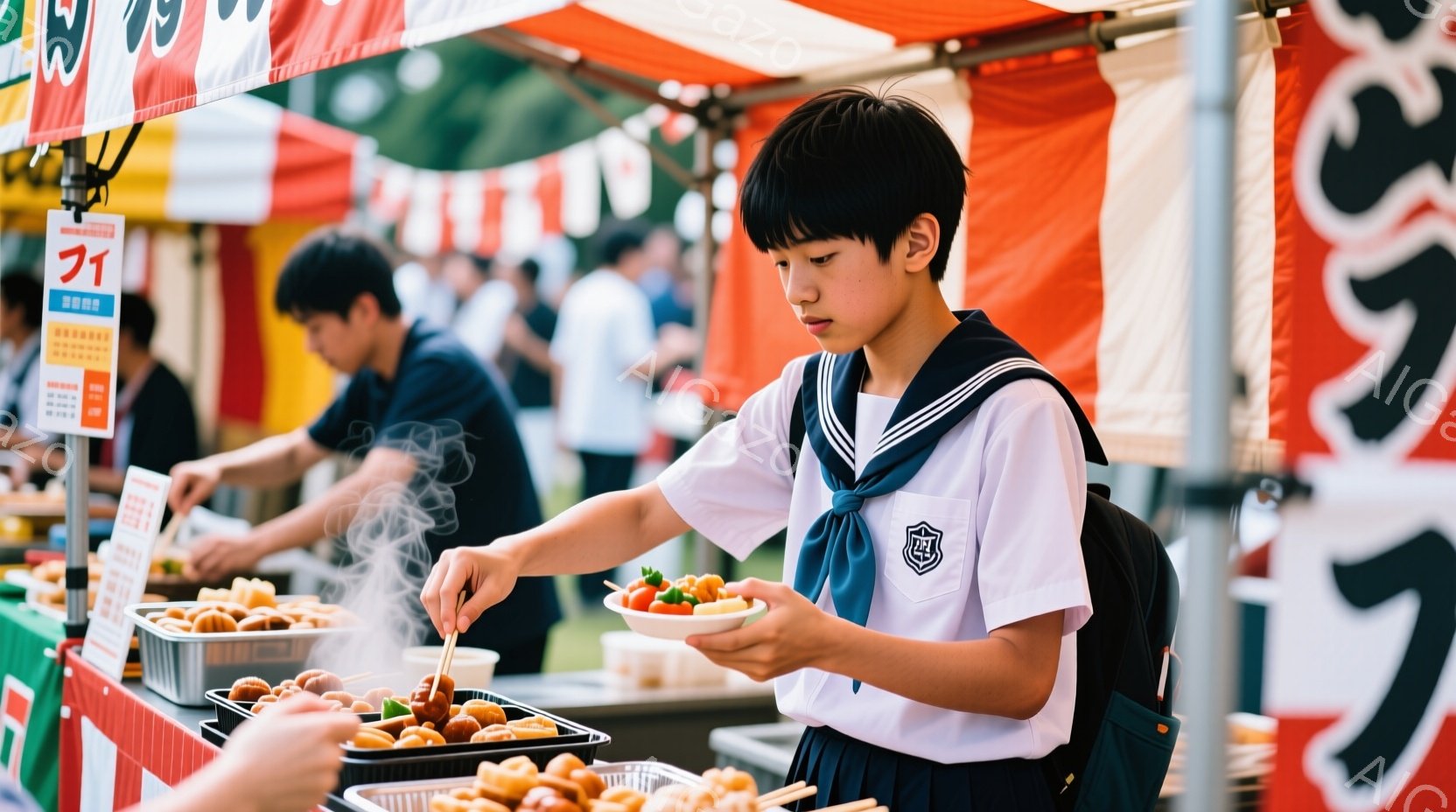 制服を着た男子学生が、屋台で串に刺された食べ物を皿に取っている様子が写っている。彼は短髪で、少し緊張した表情をしており、白いシャツにネクタイ、濃い色のブレザーを着ている。背景には、多くの人が歩き、屋台が並び、晴れた日の賑やかなお祭りの雰囲気が伝わってくる。