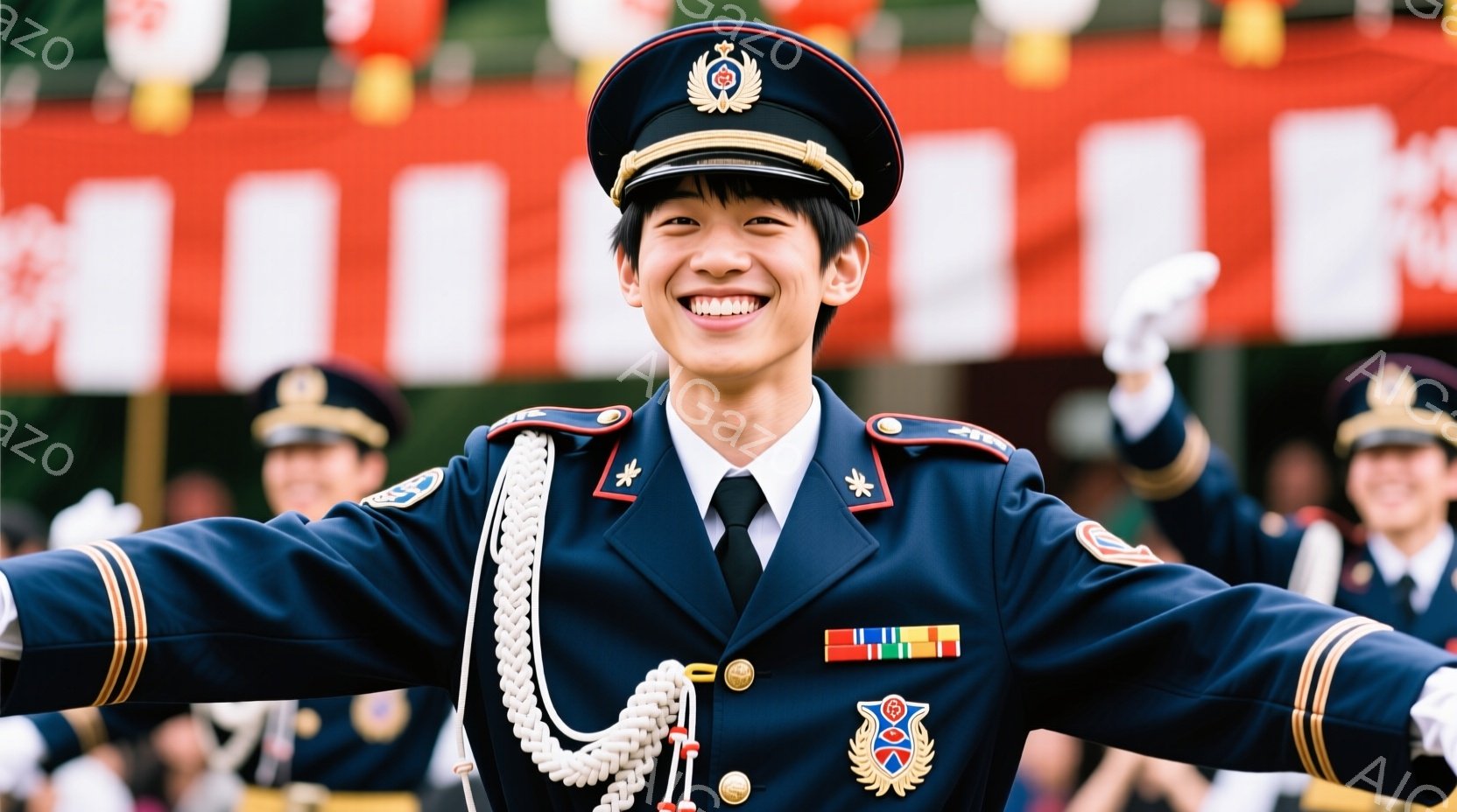 制服姿の若い男性が、両手を広げて笑顔を見せています。濃紺色の制服は金色の縁取りと銀色の星の模様が施され、胸には複数の勲章が輝いています。背景には他の制服姿の人々や、赤と白の提灯が並び、晴天の下、活気に満ちた祝典の雰囲気が漂っています。
