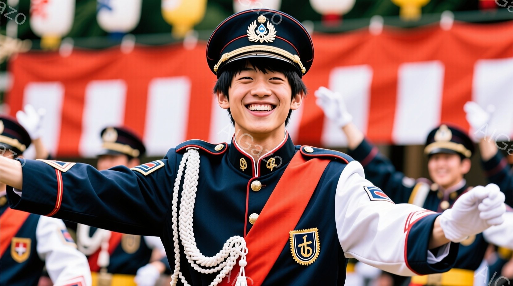 制服を着た若い男性が、両腕を広げて満面の笑みを浮かべている。濃紺の制服は金色のボタンと装飾が施され、首からは白と金色の紐が垂れ下がっている。背景には同じ制服を着た人々や、赤と白のストライプの旗、そしてぼやけた建物が見え、晴天の下で活気ある雰囲気が漂っている。