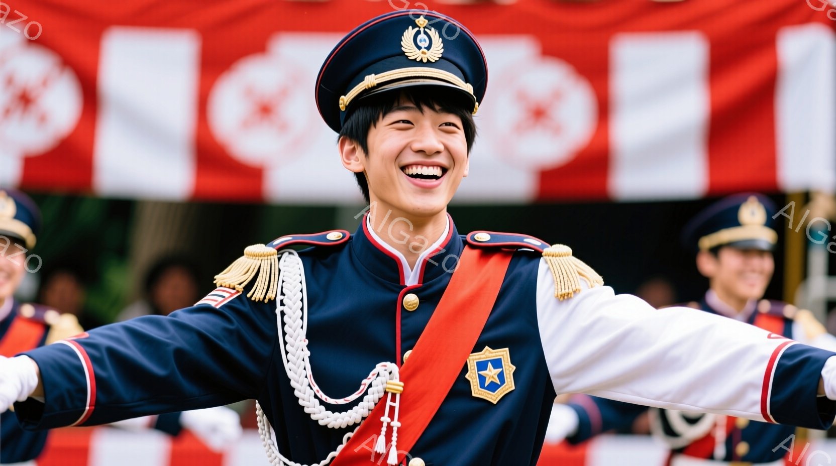 制服を着た若い男性が笑顔で両手を広げています。濃い青色のジャケットは白と金の縁取りがあり、赤い襷と肩章、金色の組紐が特徴的です。背景には、他の制服を着た人々や赤い旗が見え、晴れた日の屋外イベントのようです。