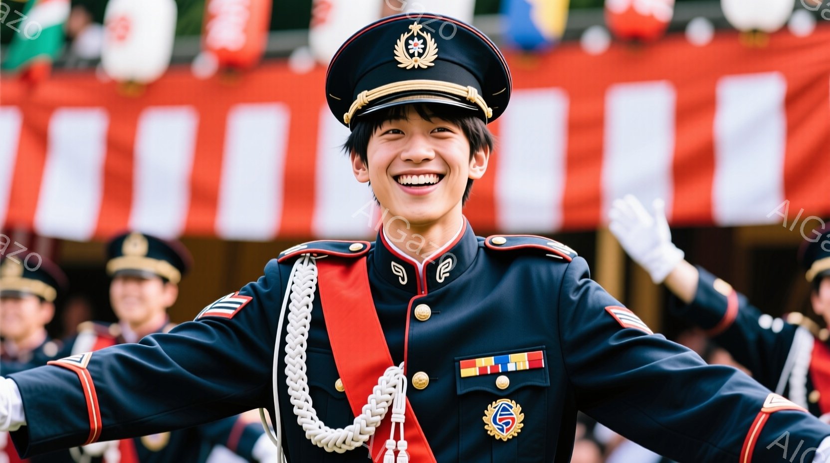 制服を着た若い男性が、満面の笑みを浮かべて両手を広げて立っています。濃い青色の制服には、金色のボタンや徽章、赤色のストライプが施されており、首から肩にかけて白い装飾的な紐が垂れ下がっています。背景には、他の制服を着た人々や、赤と白の旗がぼやけて写っており、晴れた日の屋外イベントのような雰囲気です。