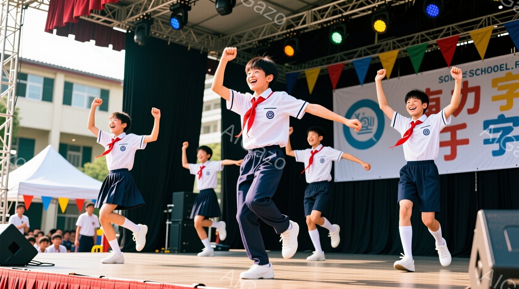 複数の小学生がステージ上でダンスを踊っており、白いシャツに紺色のスカートまたはズボン、赤いネクタイ、白い靴下と運動靴を着用しています。子どもたちは皆笑顔で、腕を高く上げ、活気に満ちたポーズをとっていま - AI生成フリー素材