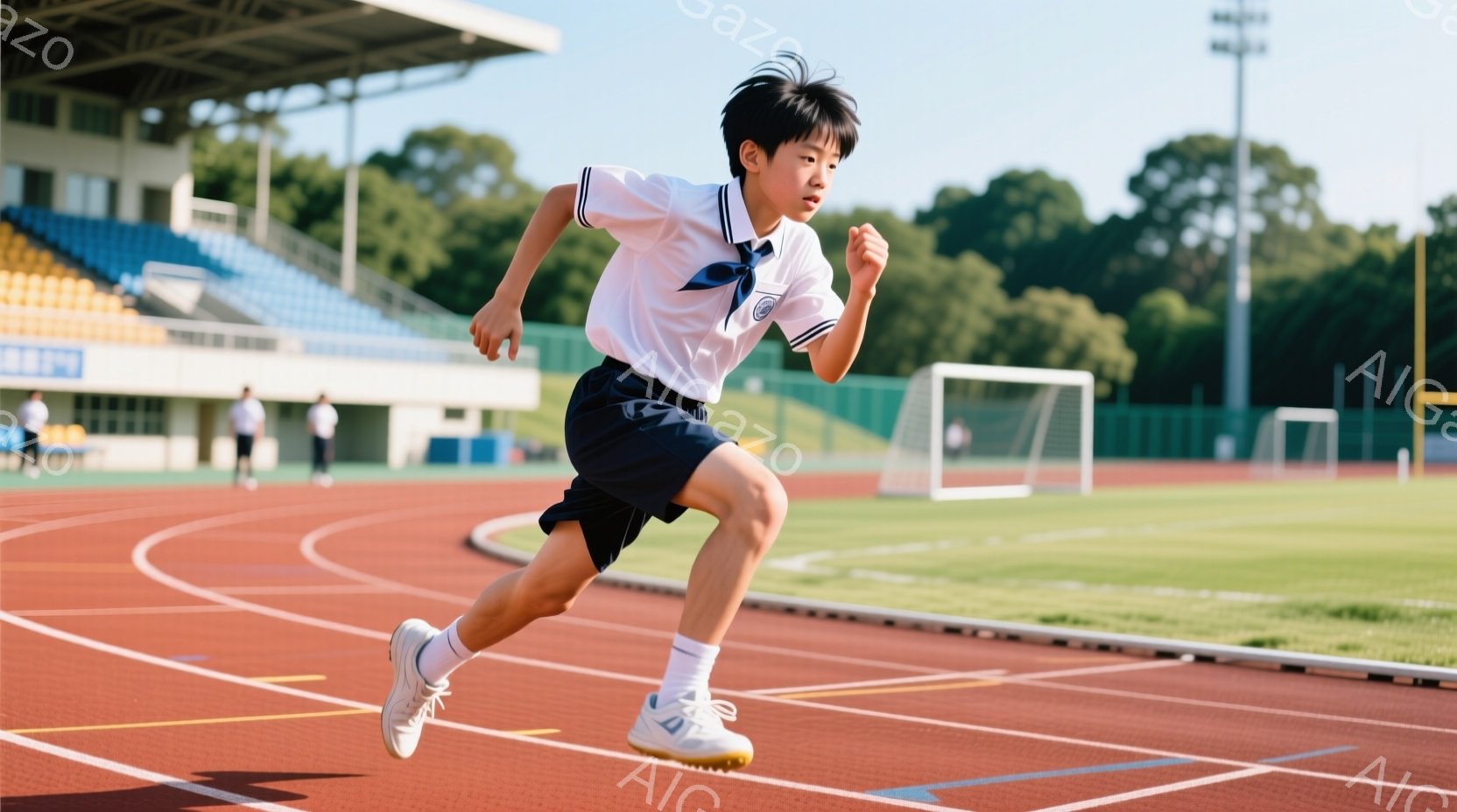 男子は陸上トラックで走り、青い短パンと白いポロシャツを着ています。彼の表情は真剣で、スピード感があり、左腕を前に出し、右足を大きく踏み出しています。背景には緑の芝生、サッカーゴール、そして観客席が見え - AI生成フリー素材