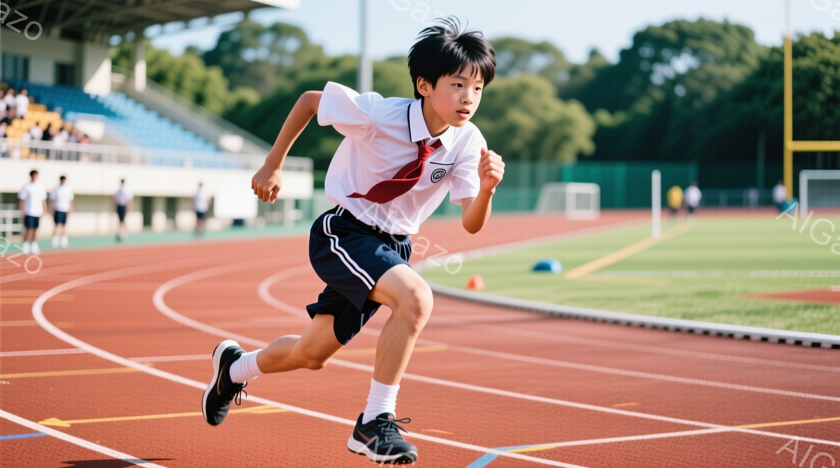 少年は競技トラックを全力で走っており、白のポロシャツ、濃い青の短パン、白い靴下、黒いランニングシューズを着用しています。彼の髪は短く、前髪が少し垂れており、表情は真剣で集中しています。背景には観客席、 - AI生成フリー素材