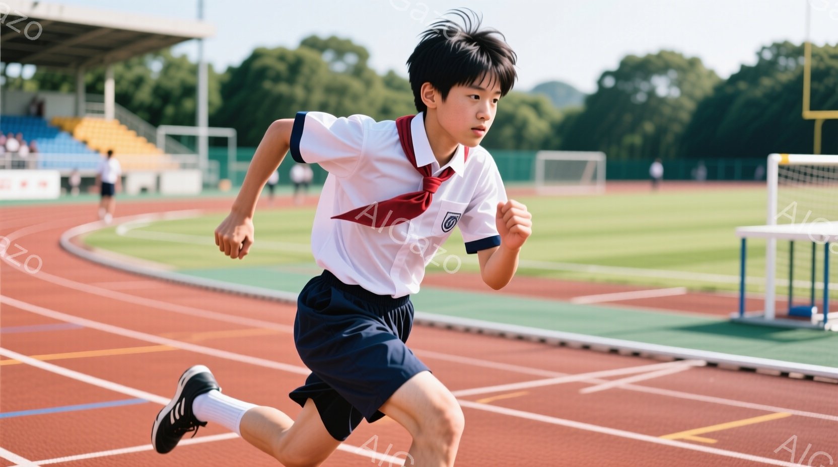 短い黒髪の少年がトラックを全力で走っている。白い襟付きのシャツに赤いネクタイ、紺色の短パン姿で、集中した表情で前を見据えている。背景には緑の芝生と観客席、そして晴れた空が広がり、活気に満ちたスポーツの雰囲気が感じられる。