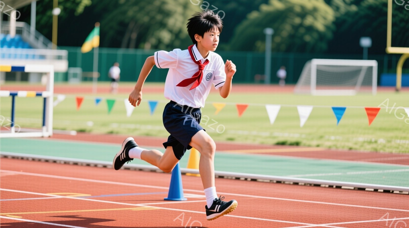 少年はトラックを走っており、運動会か競技会に参加しているようだ。紺色の短パンと白いシャツ、赤いネクタイ姿で、黒いランニングシューズを履いている。背景には緑の芝生とトラック、そして遠くにゴールネットが見え、晴れた日の活気ある雰囲気を感じさせる。