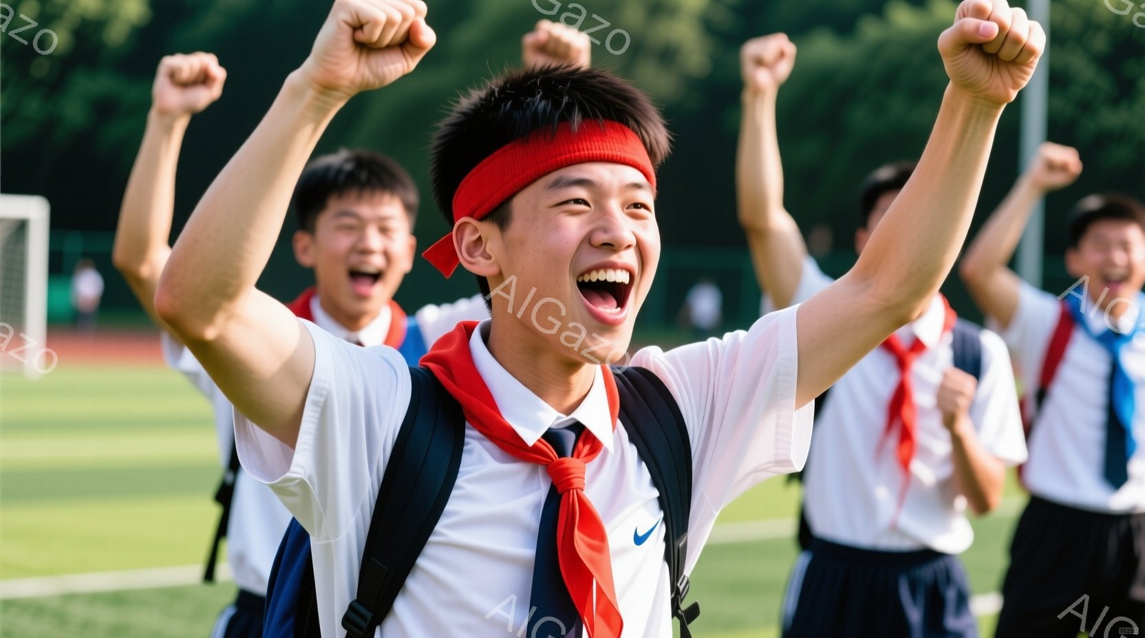 少年たちは白いサッカーシャツに赤いバンダナを身に着け、両手を高く上げて勝利を祝っている様子が写っている。彼らは皆、満面の笑みを浮かべ、興奮と喜びにあふれた表情を見せている。背景には緑の芝生とサッカーゴールがあり、晴れた日の屋外でチームが勝利を分かち合っている活気に満ちた雰囲気が伝わってくる。