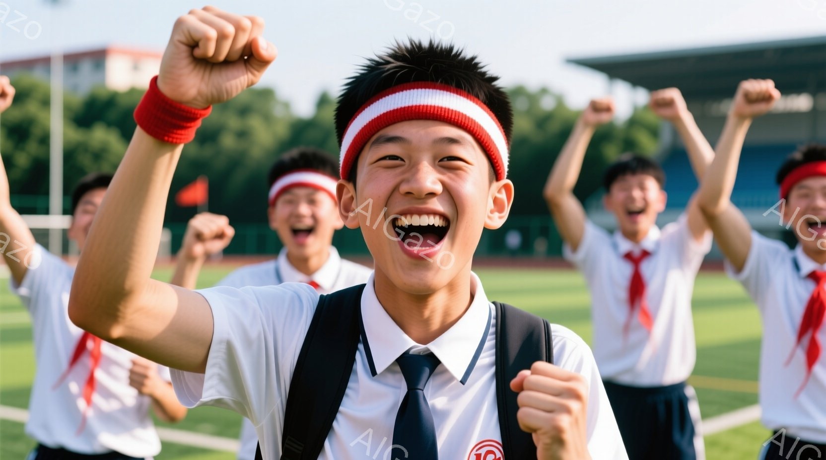 制服を着た少年たちが、緑の芝生の上で腕を上げて喜びを表現しています。白いシャツにネクタイ、そして赤いヘッドバンドが特徴的で、顔には満面の笑みが浮かんでいます。背景には観客席と木々が見え、晴れた日のスポ - AI生成フリー素材