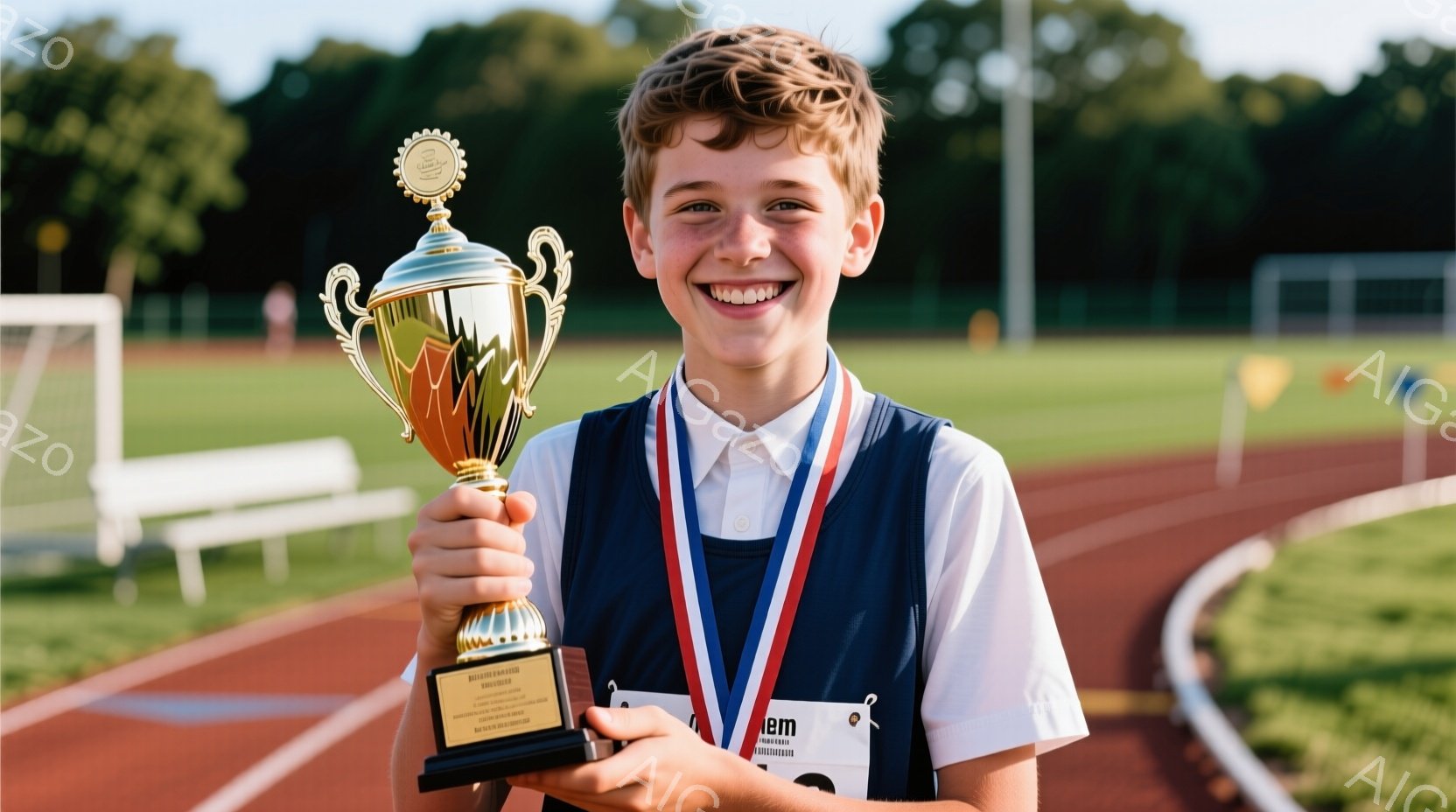 少年はトラックでトロフィーを手に笑顔で立っています。青いベストと白いシャツを着ており、首にはメダルが掛かっています。背景には緑の芝生とトラック、そして遠くに見える建物があり、晴れた日の屋外でスポーツイ - AI生成フリー素材
