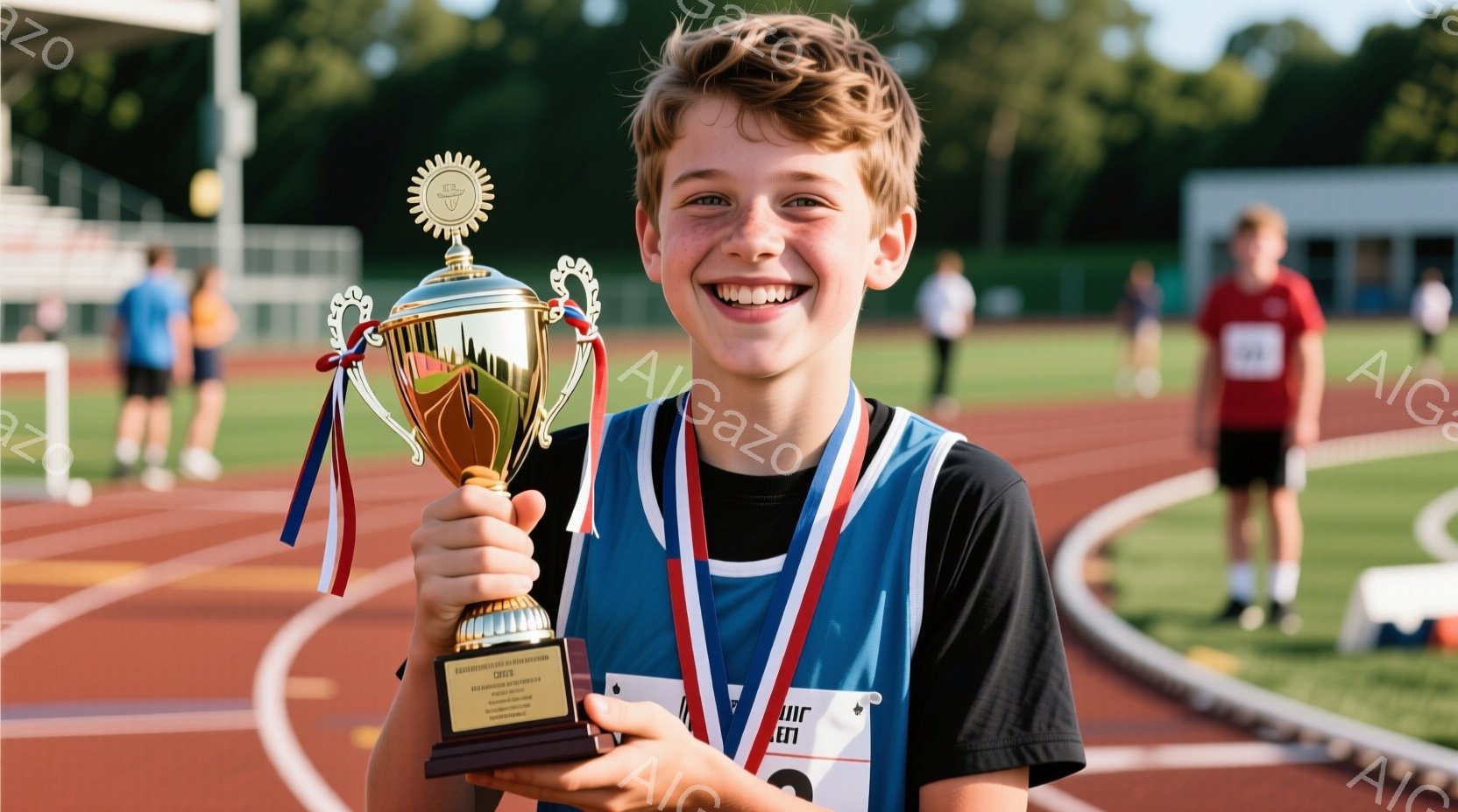 制服を着た生徒たちが教室でデザートを楽しんでいる様子が描かれている。中央の男子生徒は満面の笑みを浮かべ、グラスに入った青いデザートをスプーンで食べている。他の生徒たちも同様にデザートを口に運び、教室は明るく楽しげな雰囲気に包まれている。