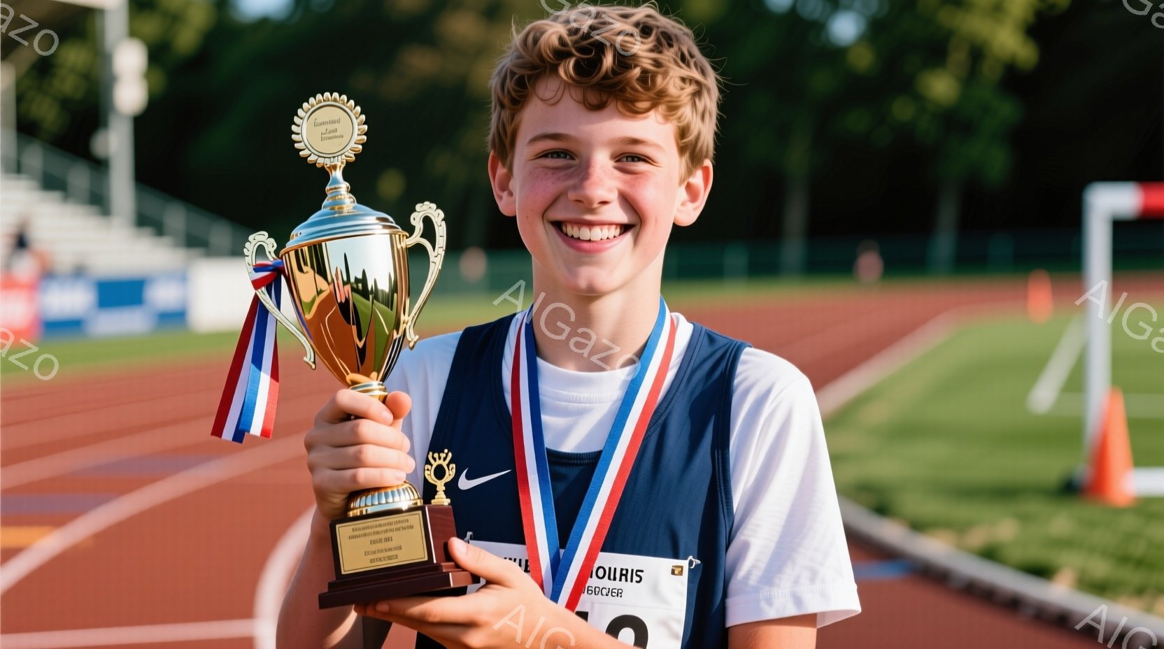 若い男の子が、競技場でトロフィーを掲げ、満面の笑みを浮かべている。彼は白いTシャツと紺色のビブスを着用し、首にはメダルが掛かっている。背景には緑の芝生とランニングトラック、そしてぼんやりとした建物が見 - AI生成フリー素材