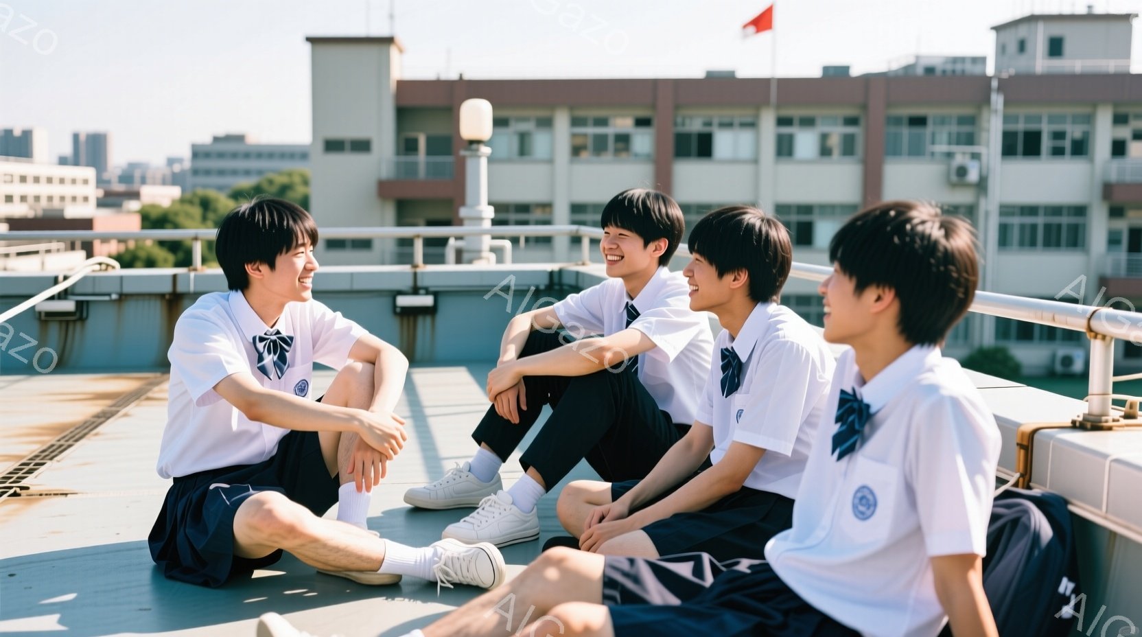 制服を着た男子学生４人が屋上に座り、リラックスした様子で互いを見つめ合っている。彼らは皆、白いシャツにネクタイ、紺色の短パンという服装で、髪型は短髪で整えられている。背景には建物や緑が見え、晴れた空の - AI生成フリー素材
