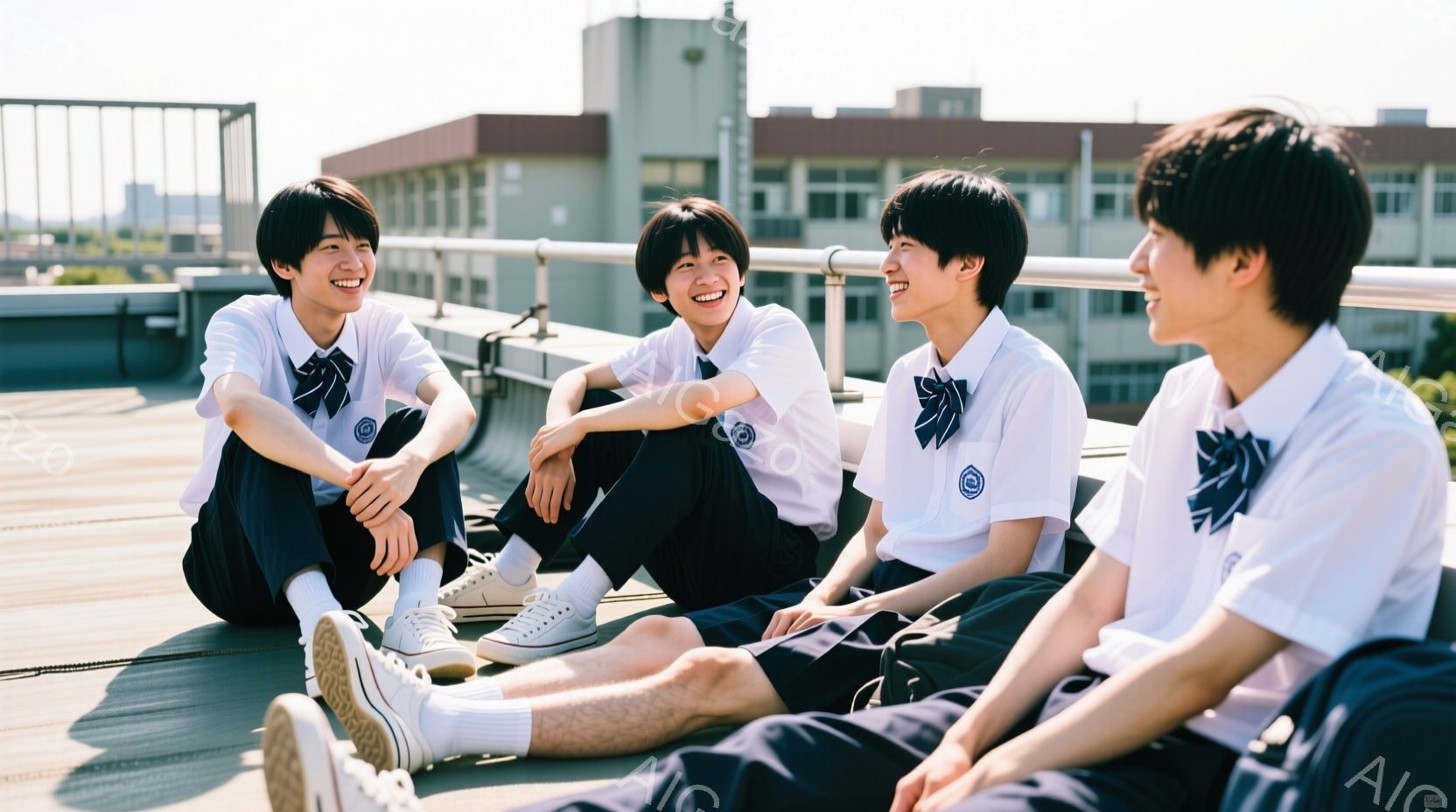 紺色の短パンと白いシャツ、そしてネクタイを締めた制服を着た男子学生４人が、屋上の縁に腰掛けている。彼らは皆、短い黒髪で、笑顔を見せてリラックスした様子である。背景には建物が並び、晴れた空の下、穏やかで - AI生成フリー素材