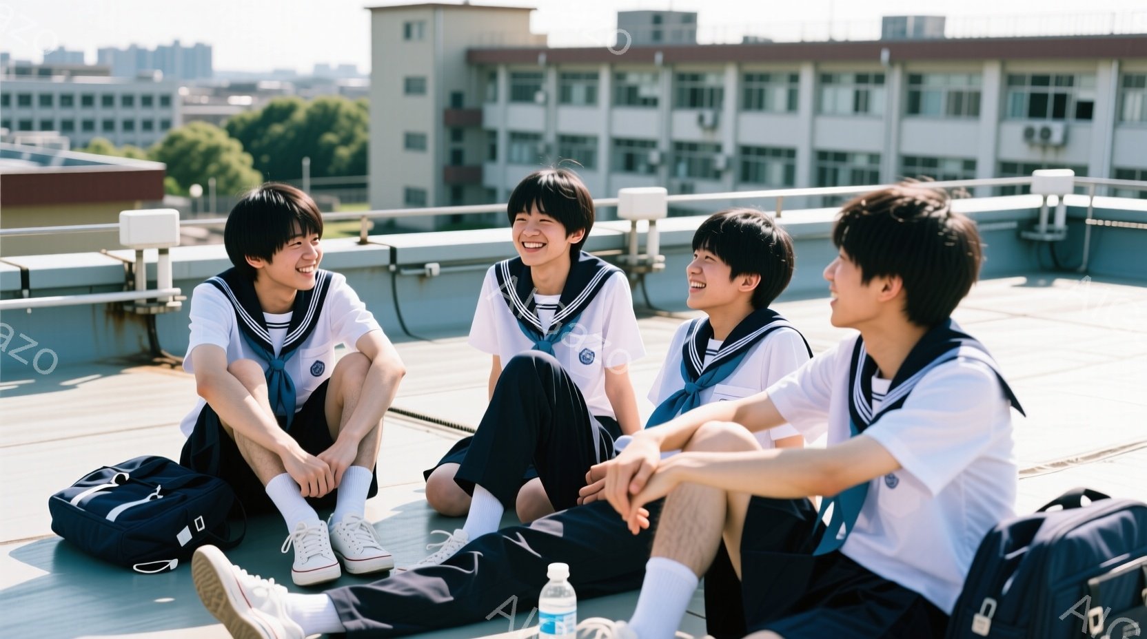 制服を着た男子生徒4人が屋上に座って笑顔で会話をしている。彼らは紺色のブレザーに白いシャツ、そして赤いネクタイを着用しており、髪型は短髪で、リラックスした雰囲気である。背景には建物が見え、晴天で穏やか - AI生成フリー素材
