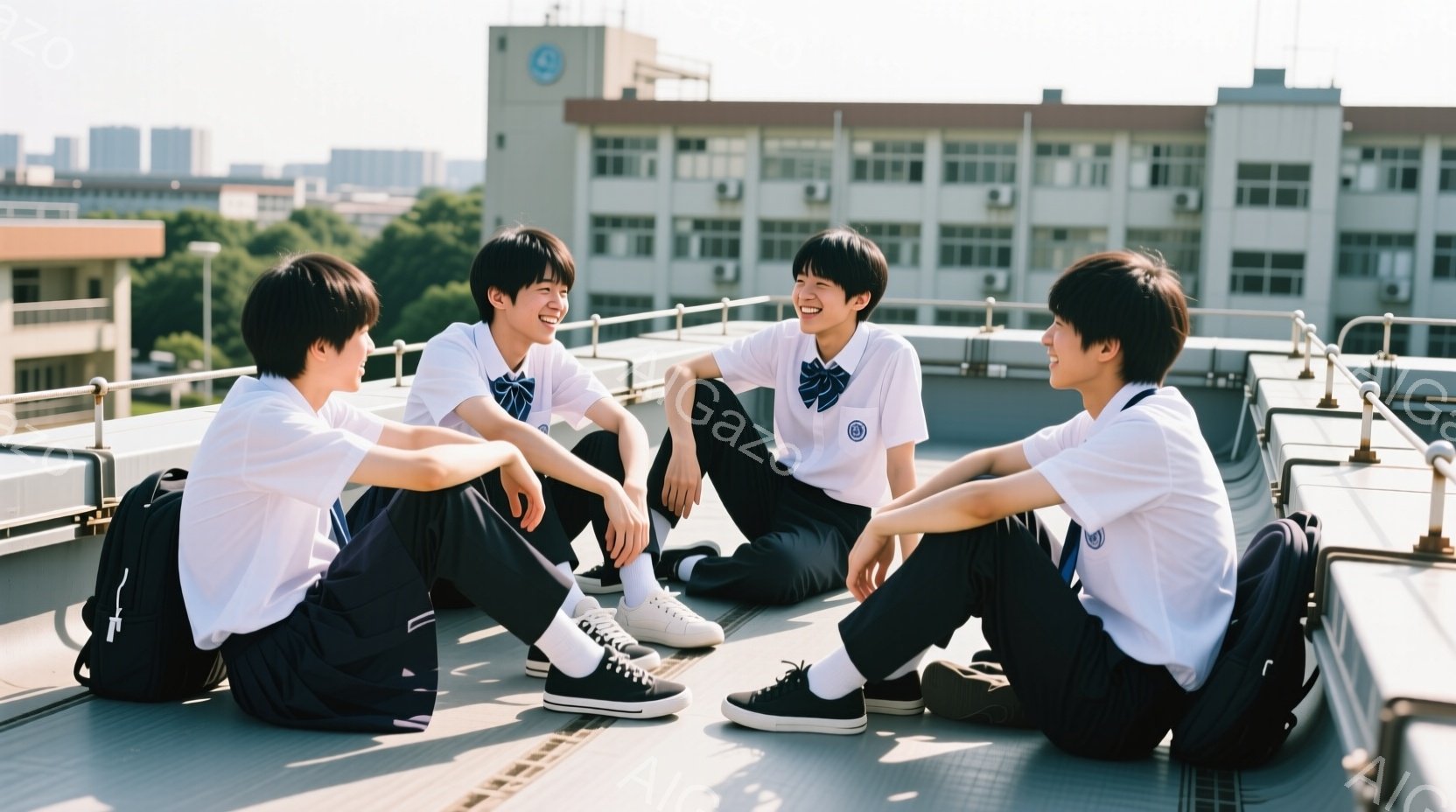 4人の高校生と思わしき少年たちが、屋上の床に座って楽しそうに笑っています。彼らは皆、白いシャツに紺色のネクタイ、黒いズボンまたはスカートを着用しており、黒いスニーカーを履いています。背景には、多くの建 - AI生成フリー素材