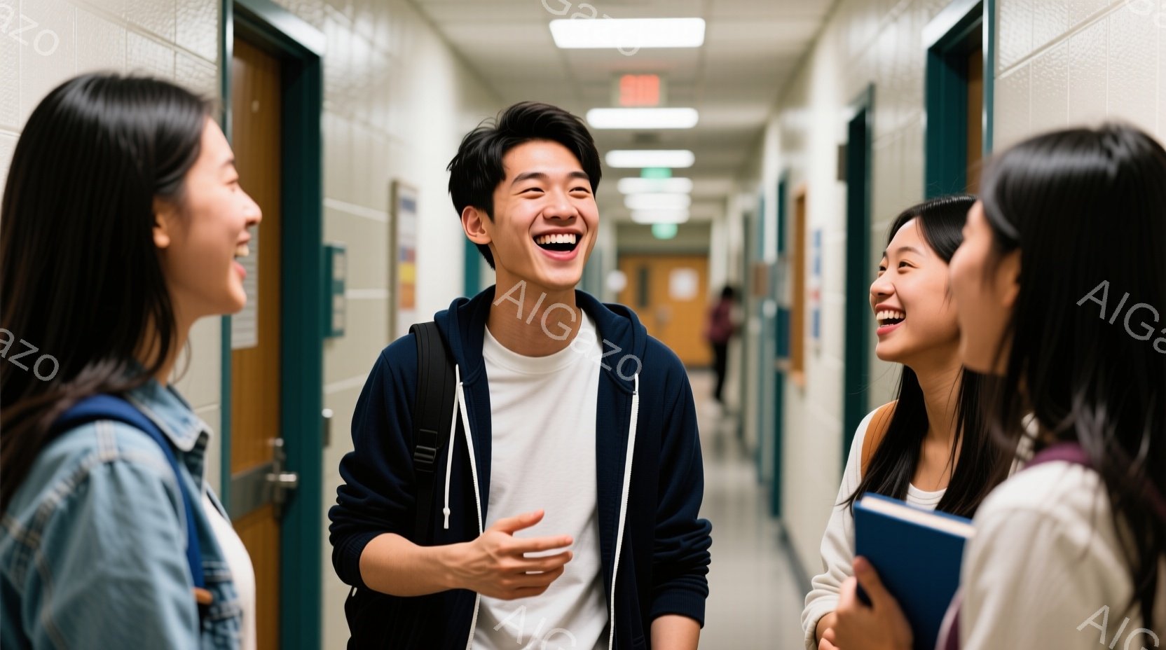 廊下で三人の若い女性と男性が楽しそうに笑い合っている様子が写っている。男性は白いTシャツに黒いリュックを背負い、女性たちはカジュアルな服装で、それぞれデニムジャケットや白いトップスを着ている。背景は学 - AI生成フリー素材