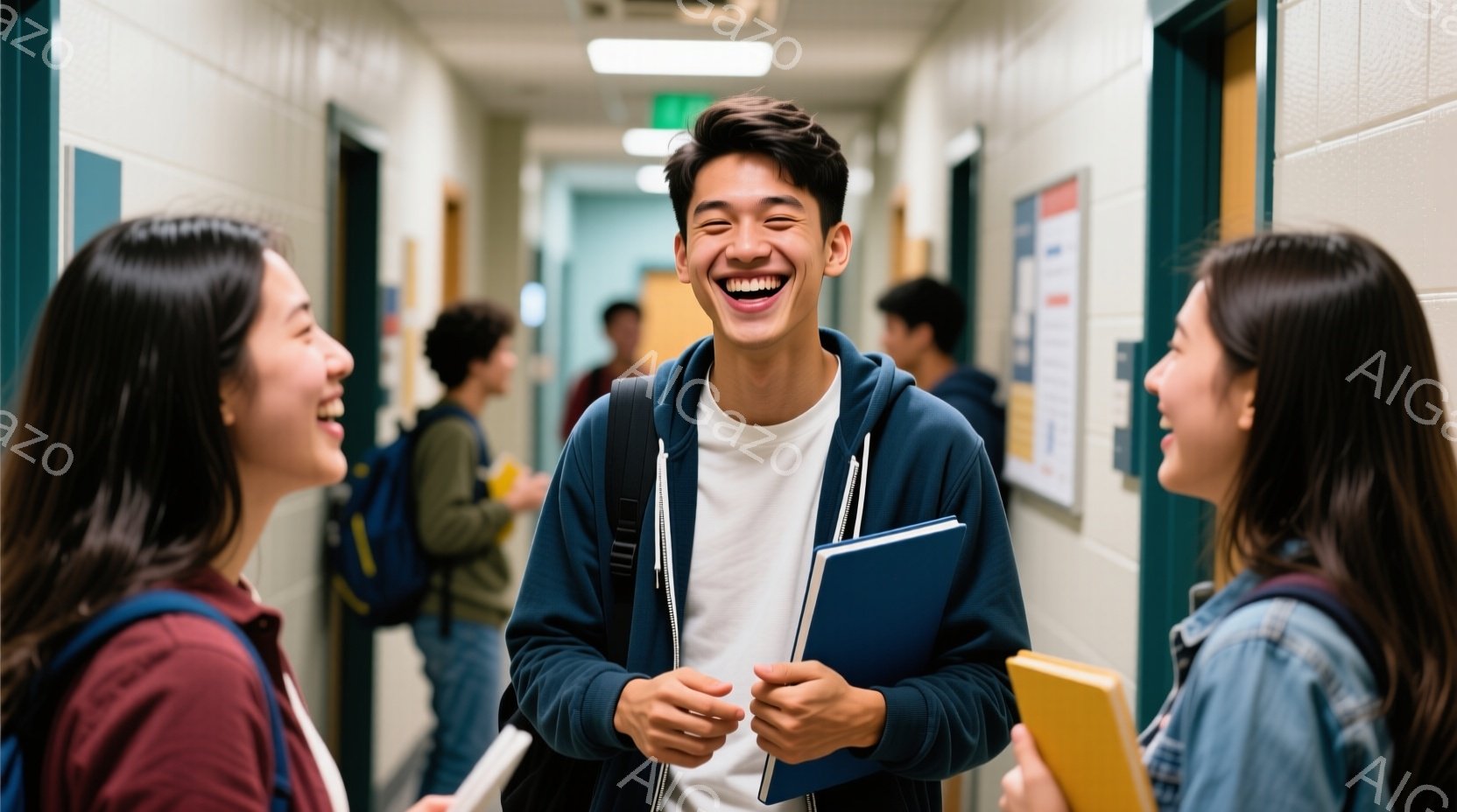 廊下で笑い合う若い男女が三人写っている。中央の男性は紺色のパーカーと白いTシャツを着ており、腕には青い教科書を抱え、満面の笑みを浮かべている。他の二人の女性はそれぞれ赤いシャツとデニムジャケットを着ており、彼に向かって笑顔で話しかけているように見える。
